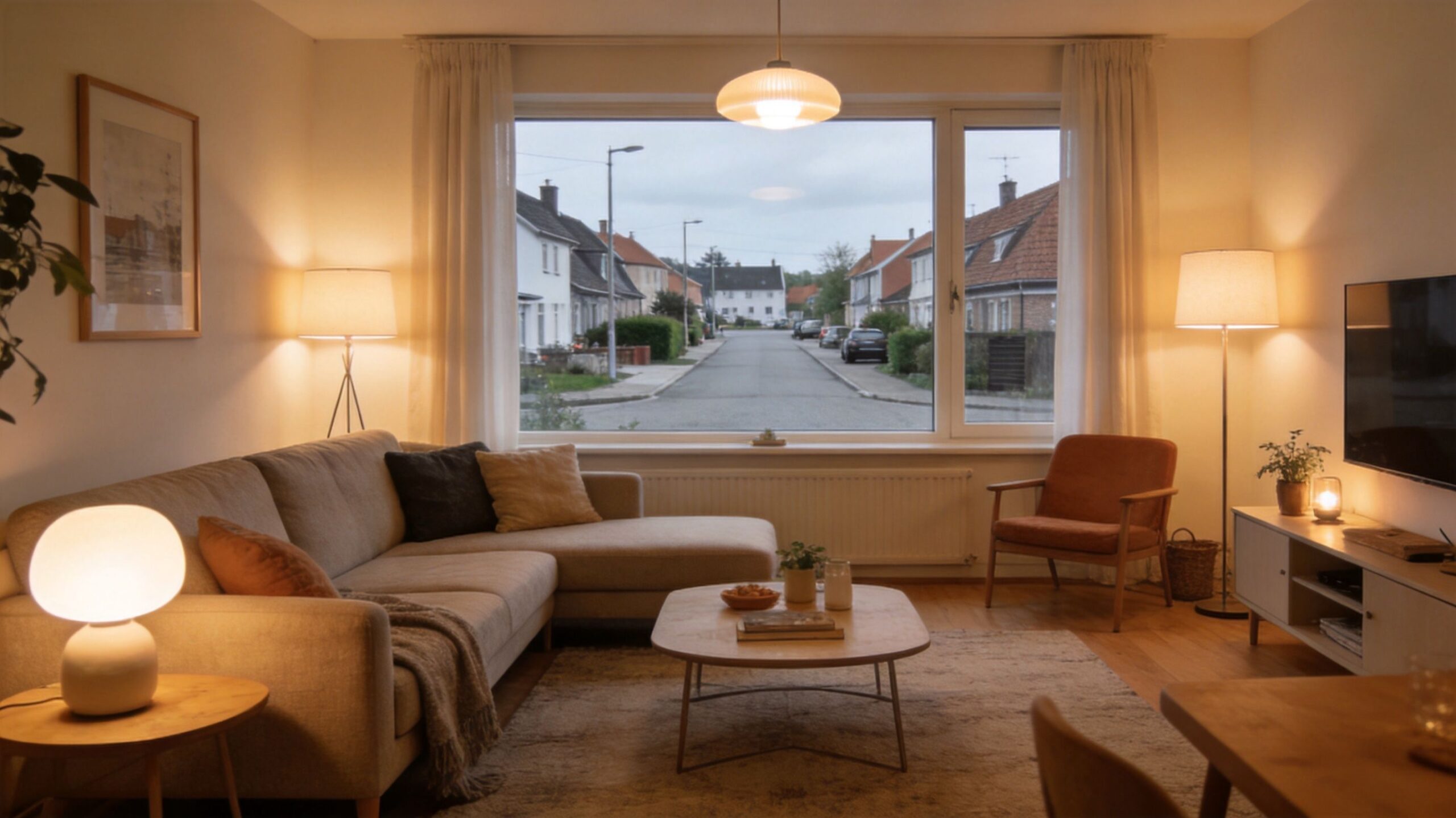Hyggelig og moderne stue med blød sofa, lænestol og varm belysning i en lys lejlighed.