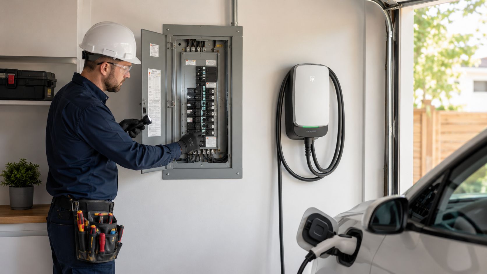 Elektriker der undersøger et sikringsskab ved siden af en vægmonteret ladestander til en elbil i en garage.