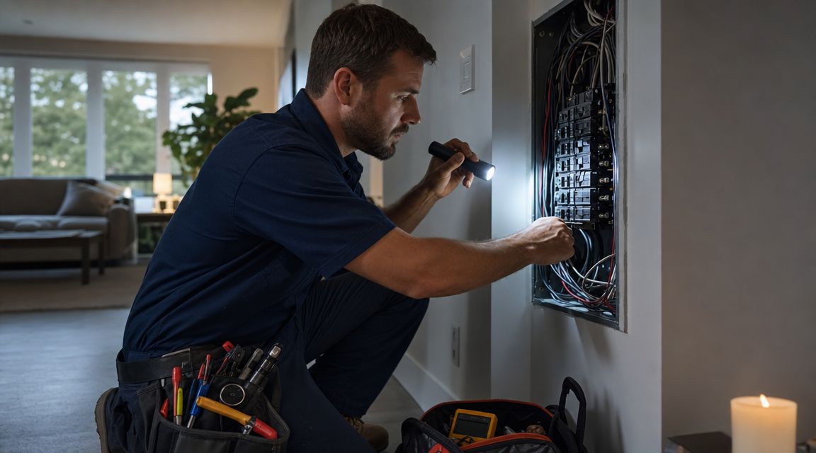 En professionel elektriker inspicerer et el-tavle i et hjem ved hjælp af en lommelygte i mørket.