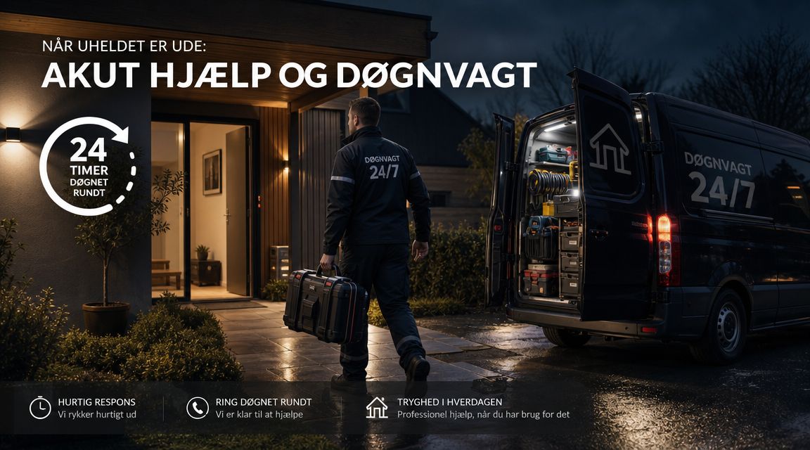 En servicetekniker med værktøjskasse ankommer til en bolig i en servicevogn for at yde akut hjælp døgnet rundt.