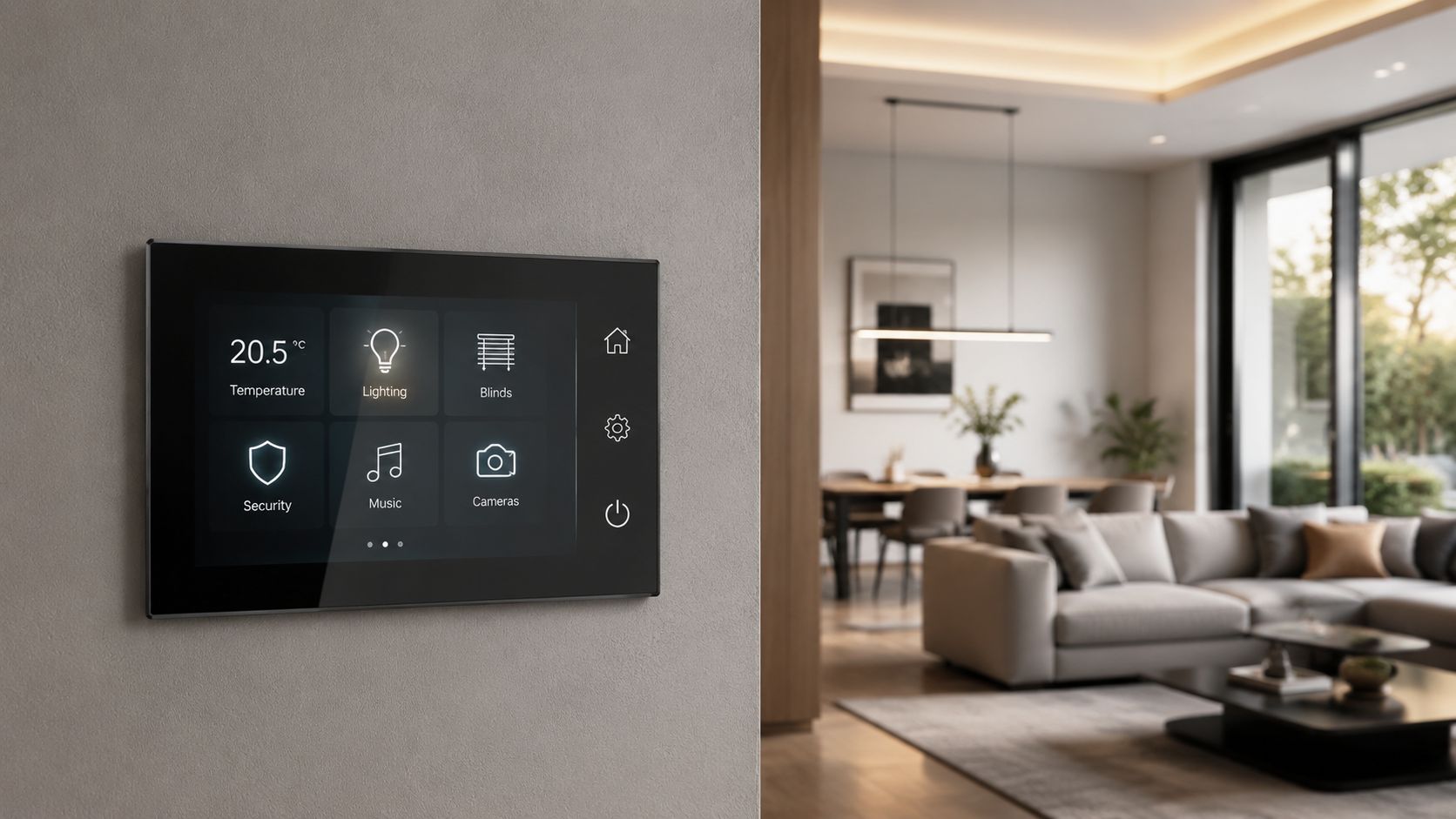 En moderne smart home-touchskærm monteret på væggen i en stue til styring af belysning og temperatur.