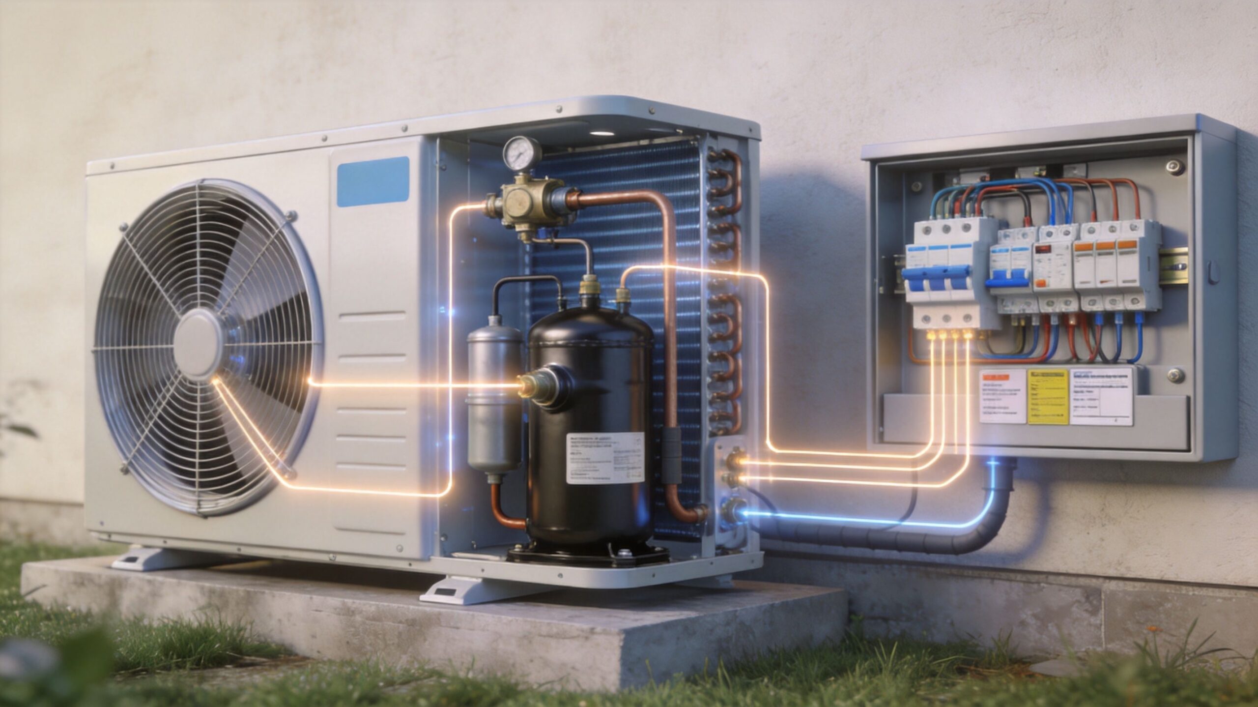 En udendørs varmepumpeenhed med åbent kabinet, der viser kompressor og tilhørende elektrisk kontrolboks mod en væg.