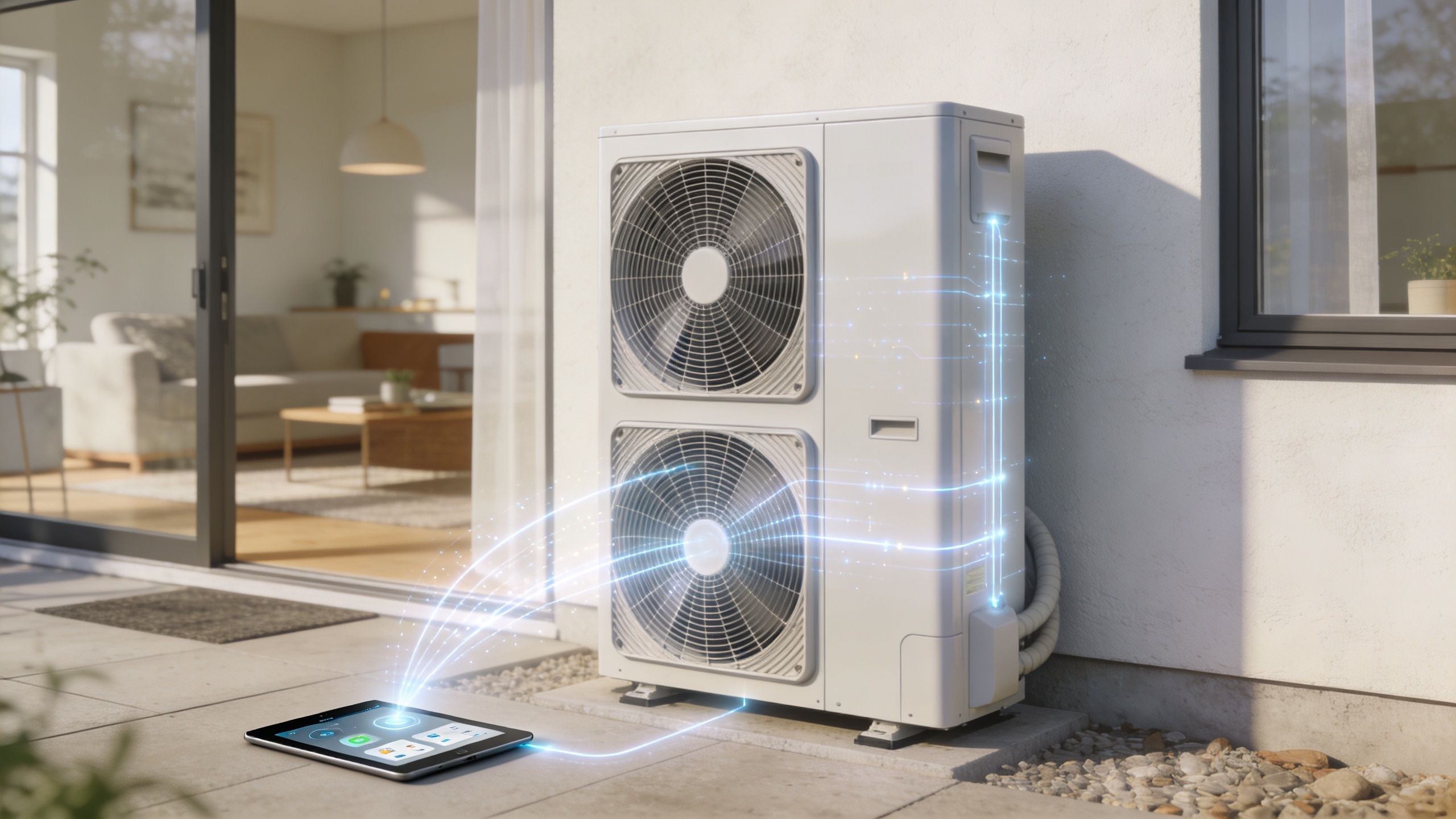 En moderne luft-til-vand varmepumpe installeret udendørs ved siden af et hus, styret trådløst via en tablet.