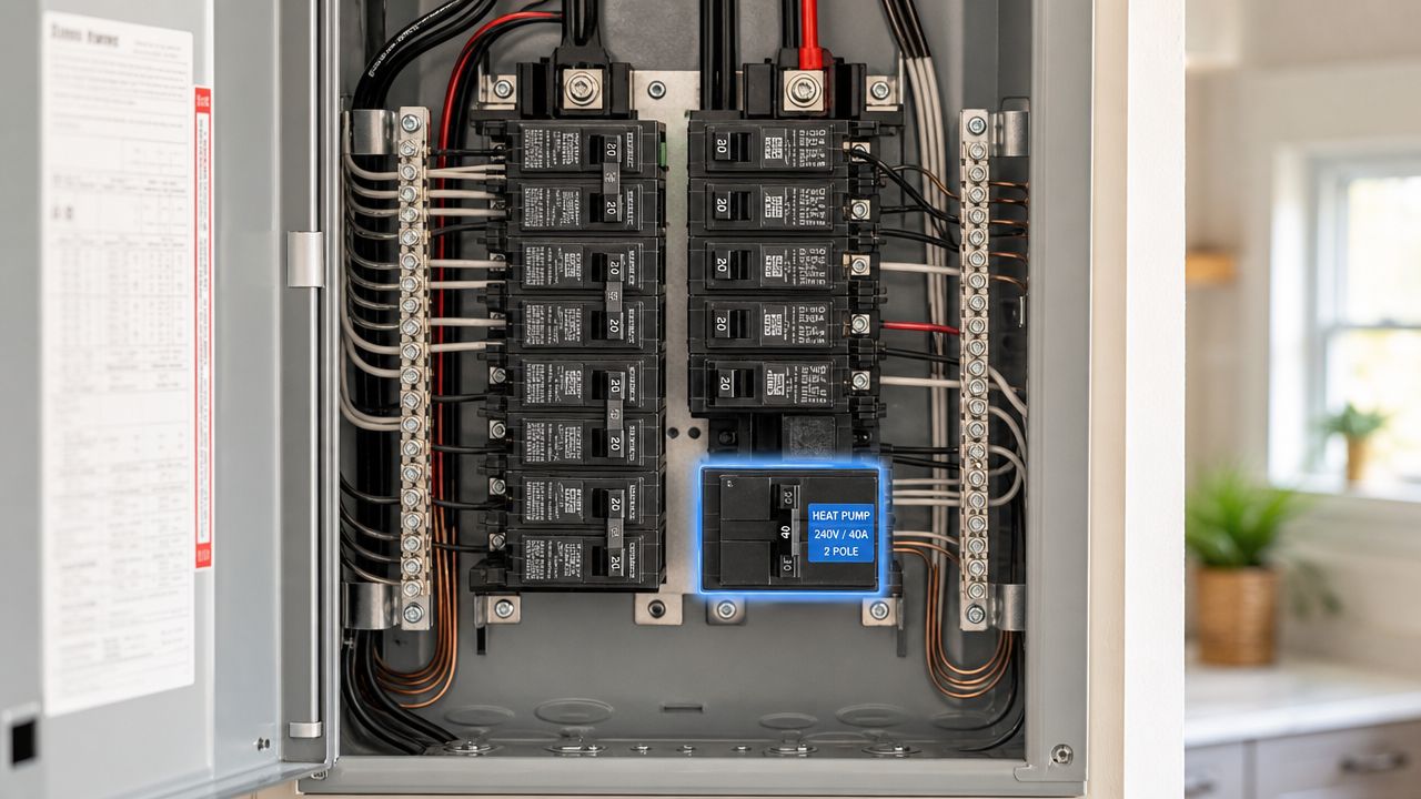 Et elektrisk sikringsskab med en tydeligt markeret 40A dobbeltpolet afbryder til varmepumpens strømforsyning i et hjem.