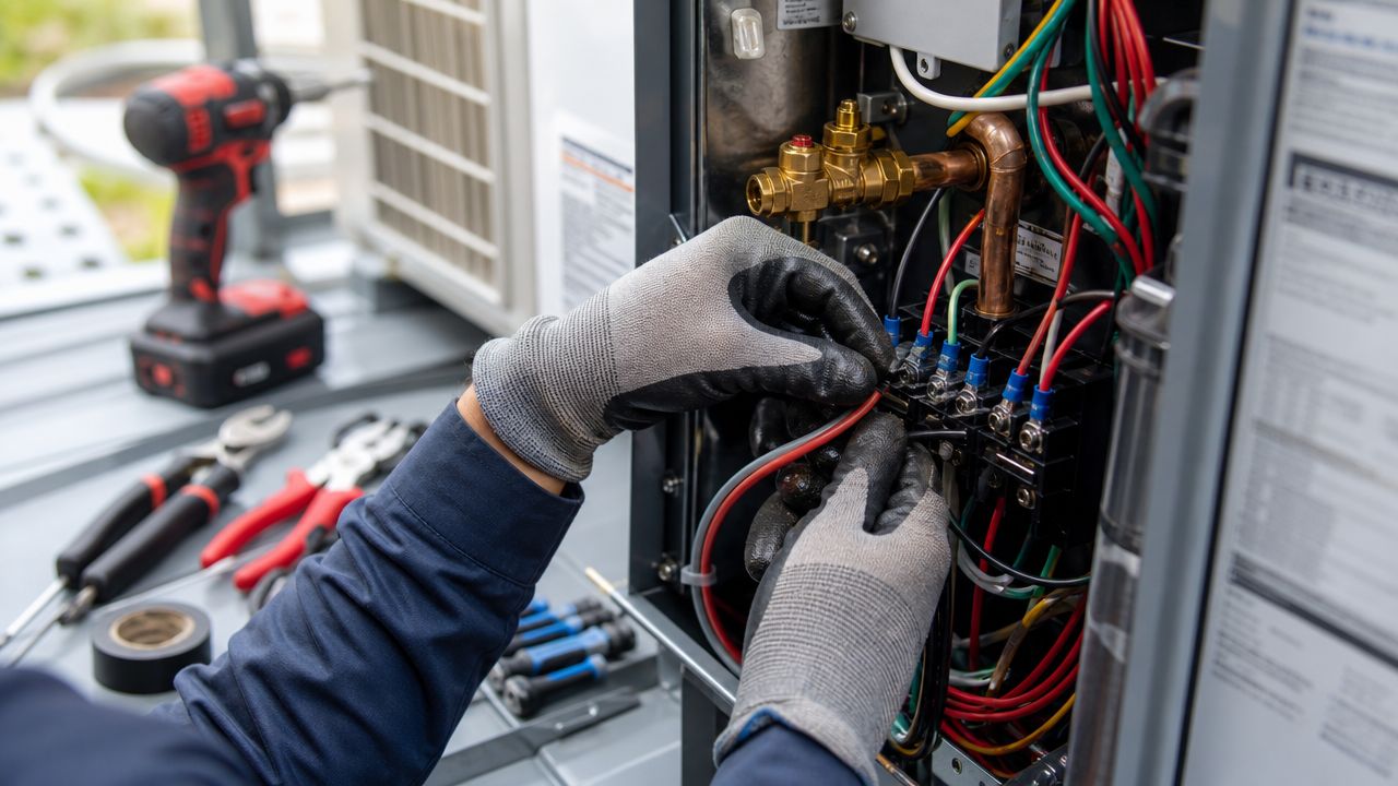 En tekniker med arbejdshandsker installerer og forbinder elektriske ledninger i en moderne varmepumpeenhed udendørs.