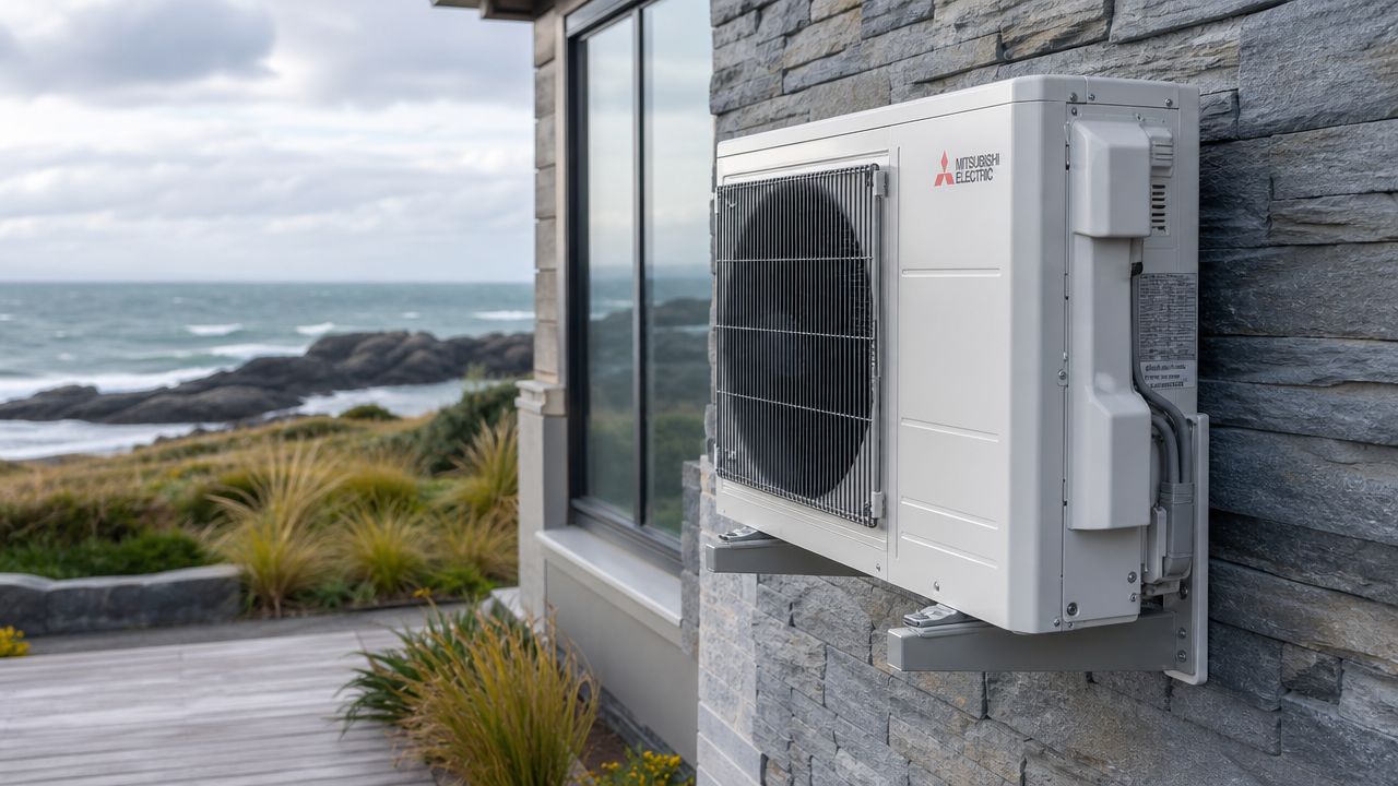 En Mitsubishi Electric varmepumpe monteret på en stenbelagt ydervæg nær en kyst med udsigt over havet.