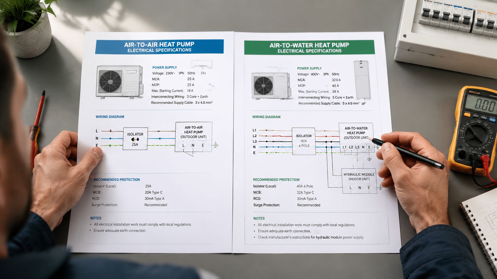 En tekniker sammenligner tekniske specifikationer og ledningsdiagrammer for luft-til-luft og luft-til-vand varmepumper på papir.