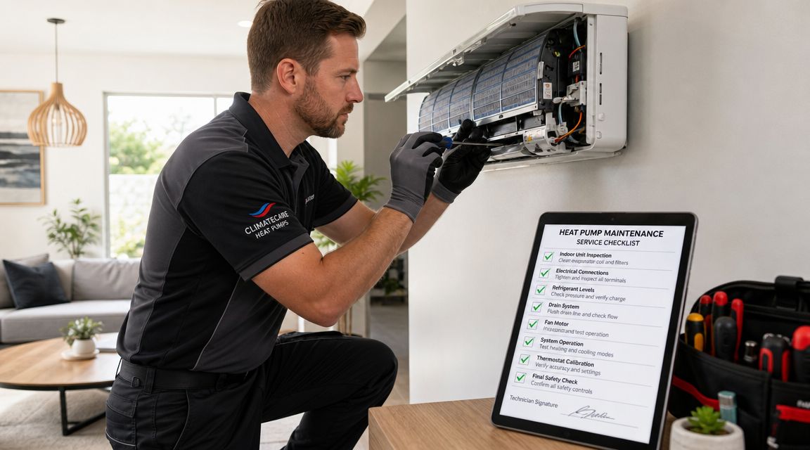 En professionel tekniker udfører vedligeholdelse af en vægmonteret varmepumpe med en digital tjekliste på en tablet.
