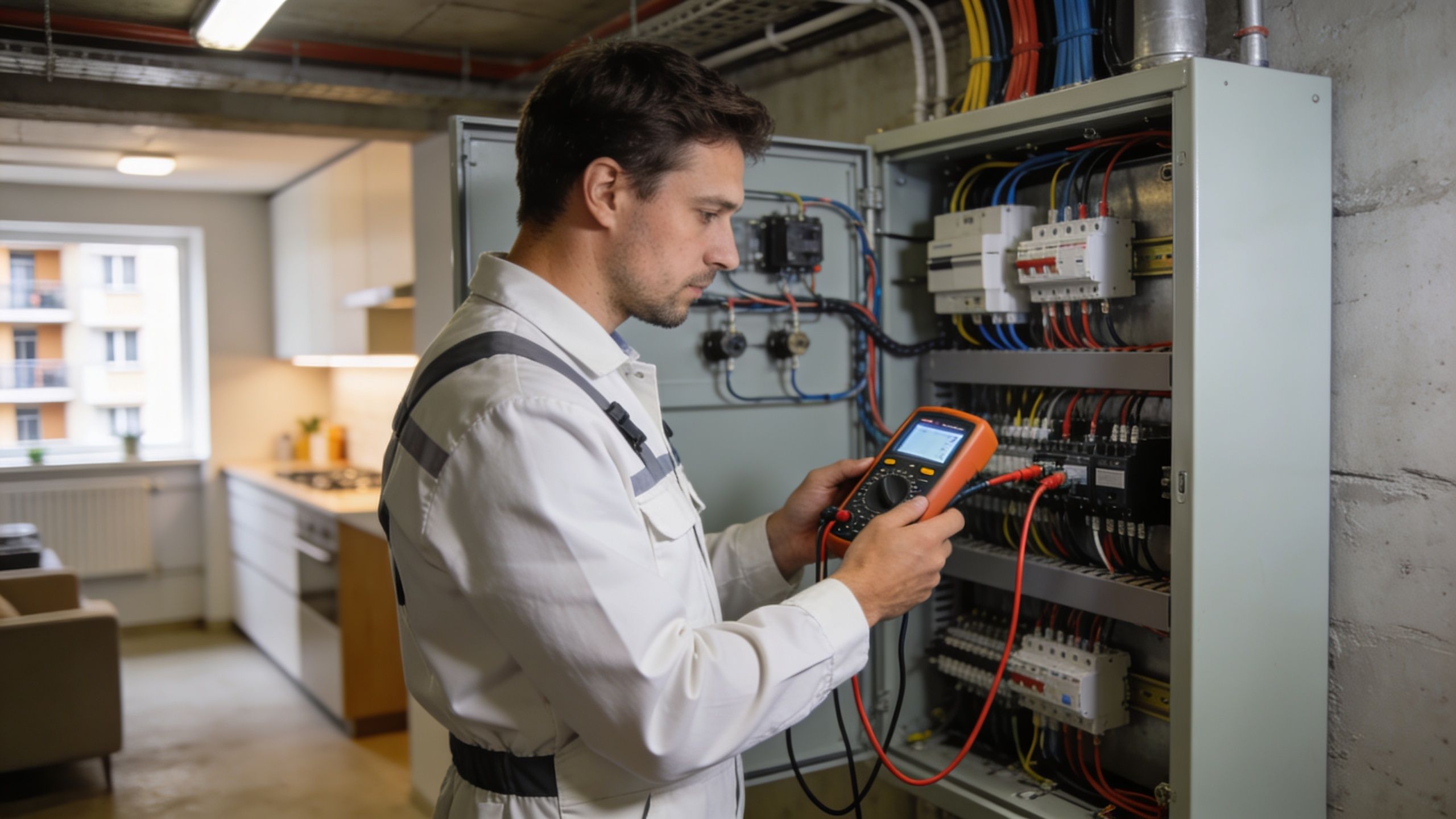 En professionel elektriker inspicerer en elektrisk tavle i en lejlighed ved hjælp af et multimeter.