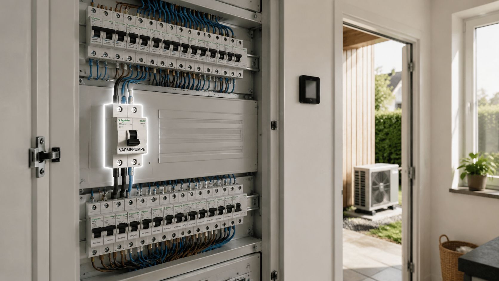 Et elektrisk sikringsskab med en markeret afbryder til en varmepumpe i et moderne privat hjem.