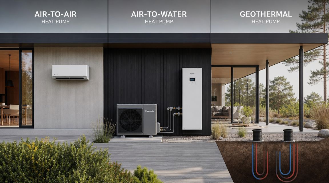 En illustration af tre typer Panasonic varmepumper: luft-til-luft, luft-til-vand og jordvarmepumper installeret ved et moderne hus.