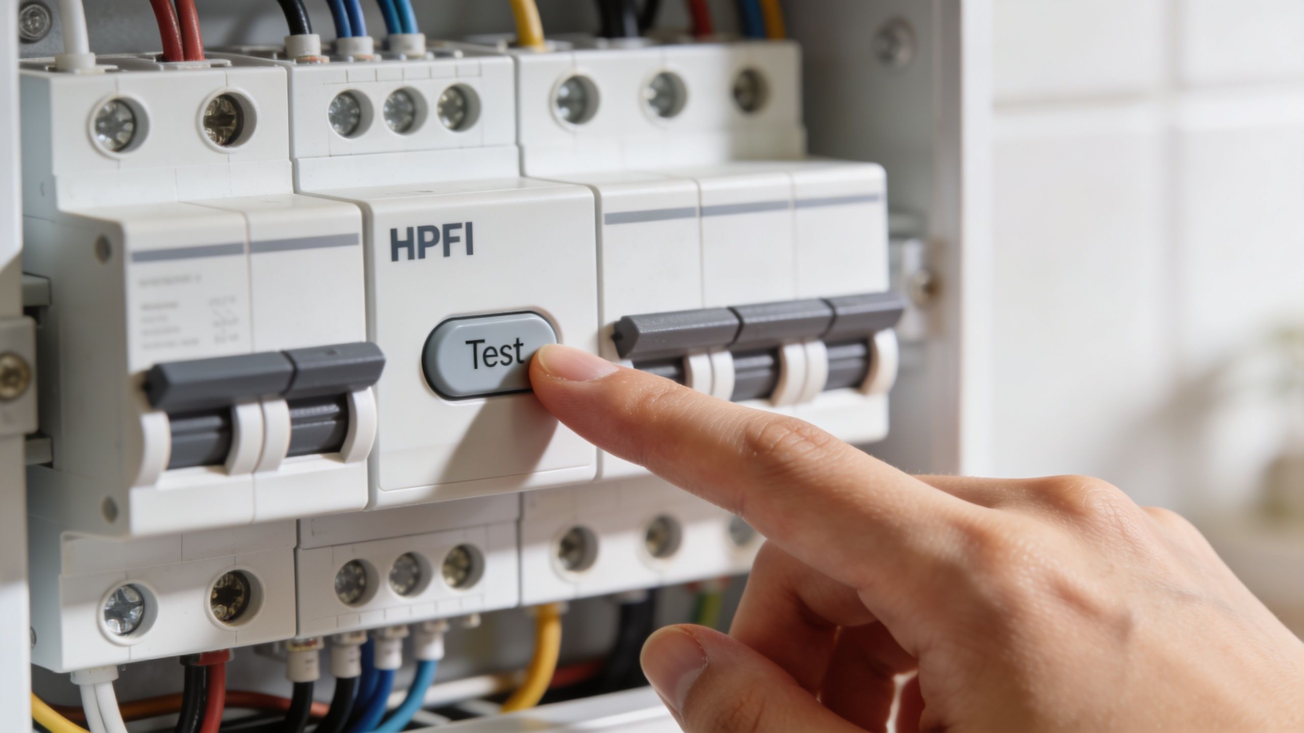 En finger trykker på testknappen på et HPFI-relæ i en elektrisk gruppetavle for at kontrollere sikkerheden.