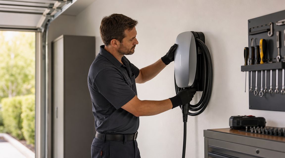En tekniker i arbejdstøj installerer en moderne elektrisk ladestander på en væg i en garage.