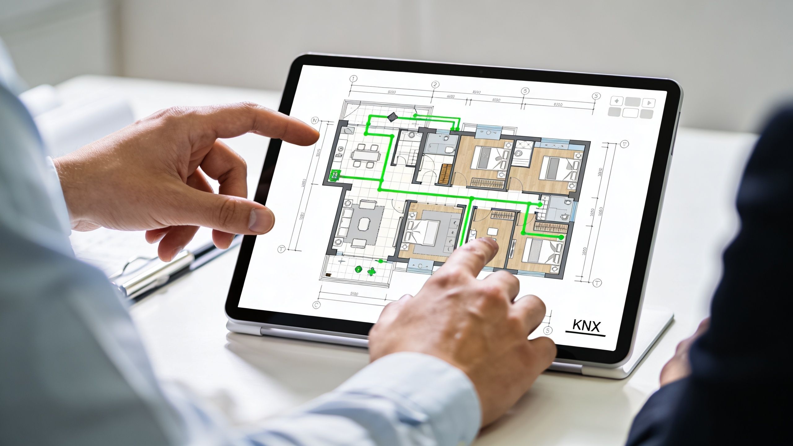 To professionelle arkitekter gennemgår en plantegning af et smart KNX-system på en tablet-skærm.