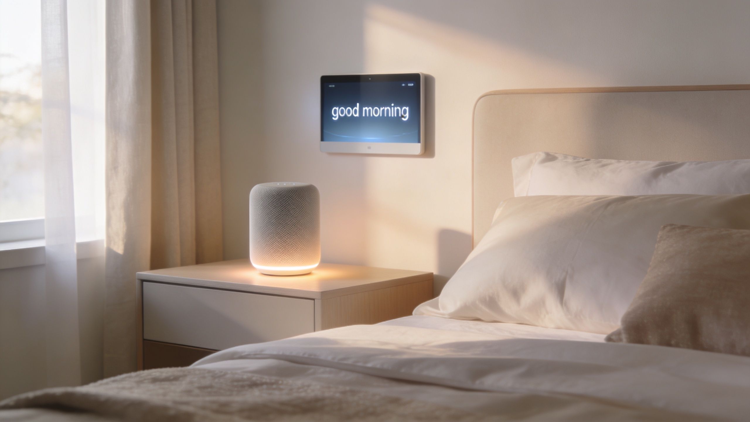 Et moderne soveværelse med en smart højttaler og en vægmonteret touchskærm der viser god morgen hilsen.