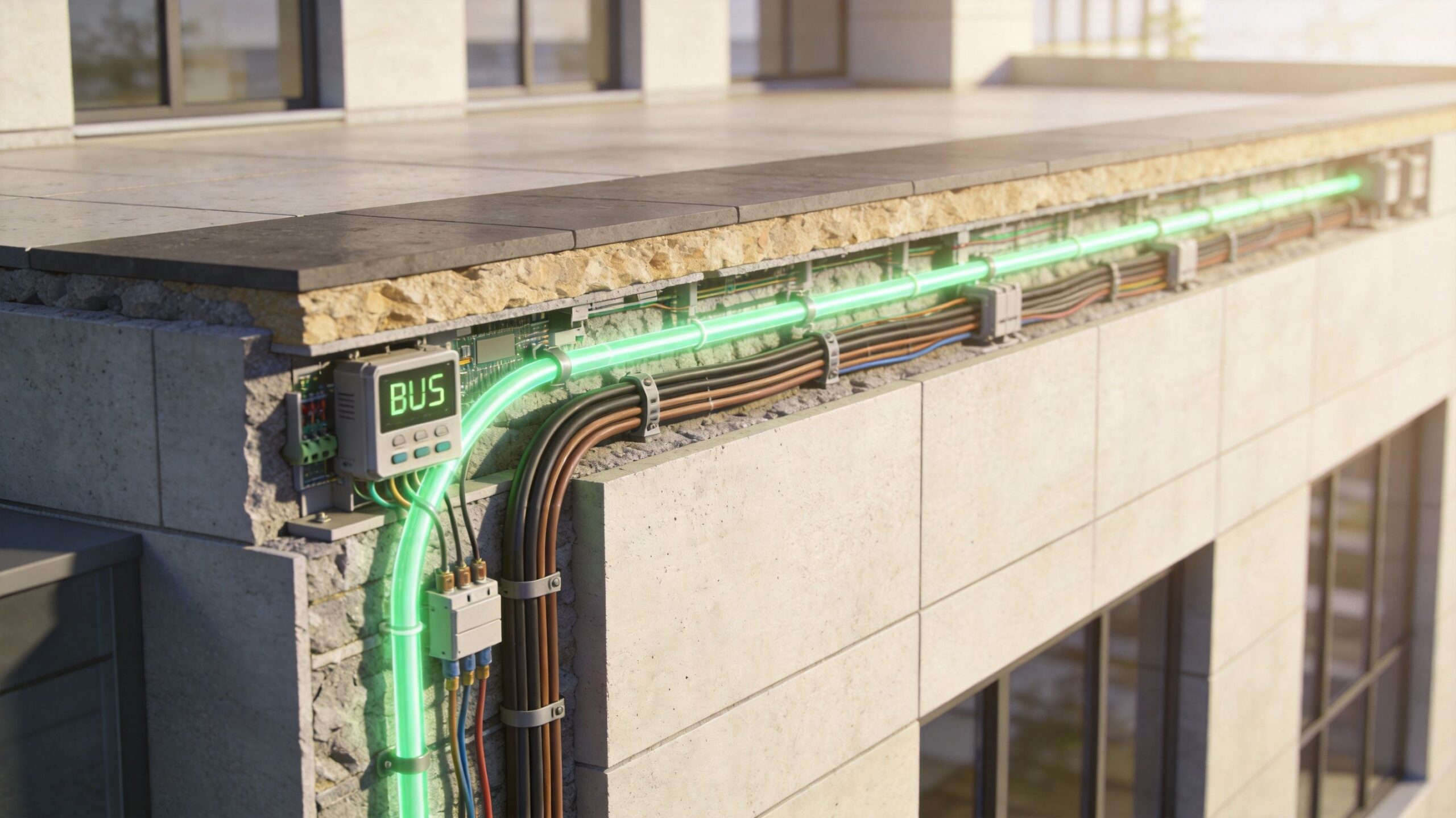 Illustration af et KNX-styringssystem indbygget i en bygningskonstruktion med synlige elektriske kabler og forbindelser.