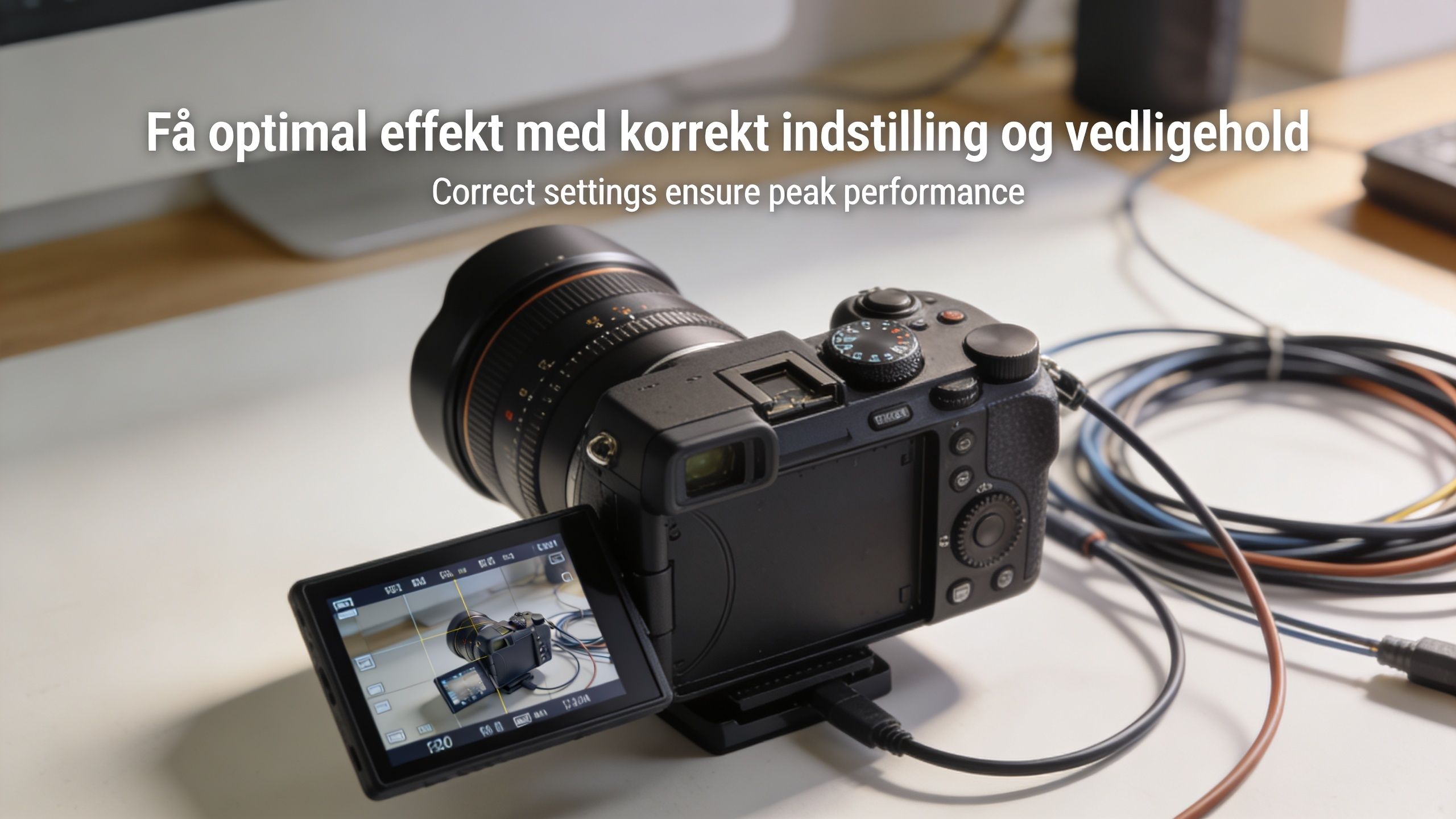 Et professionelt spejlløst kamera forbundet med et USB-kabel på et skrivebord, klar til teknisk opsætning og vedligeholdelse.
