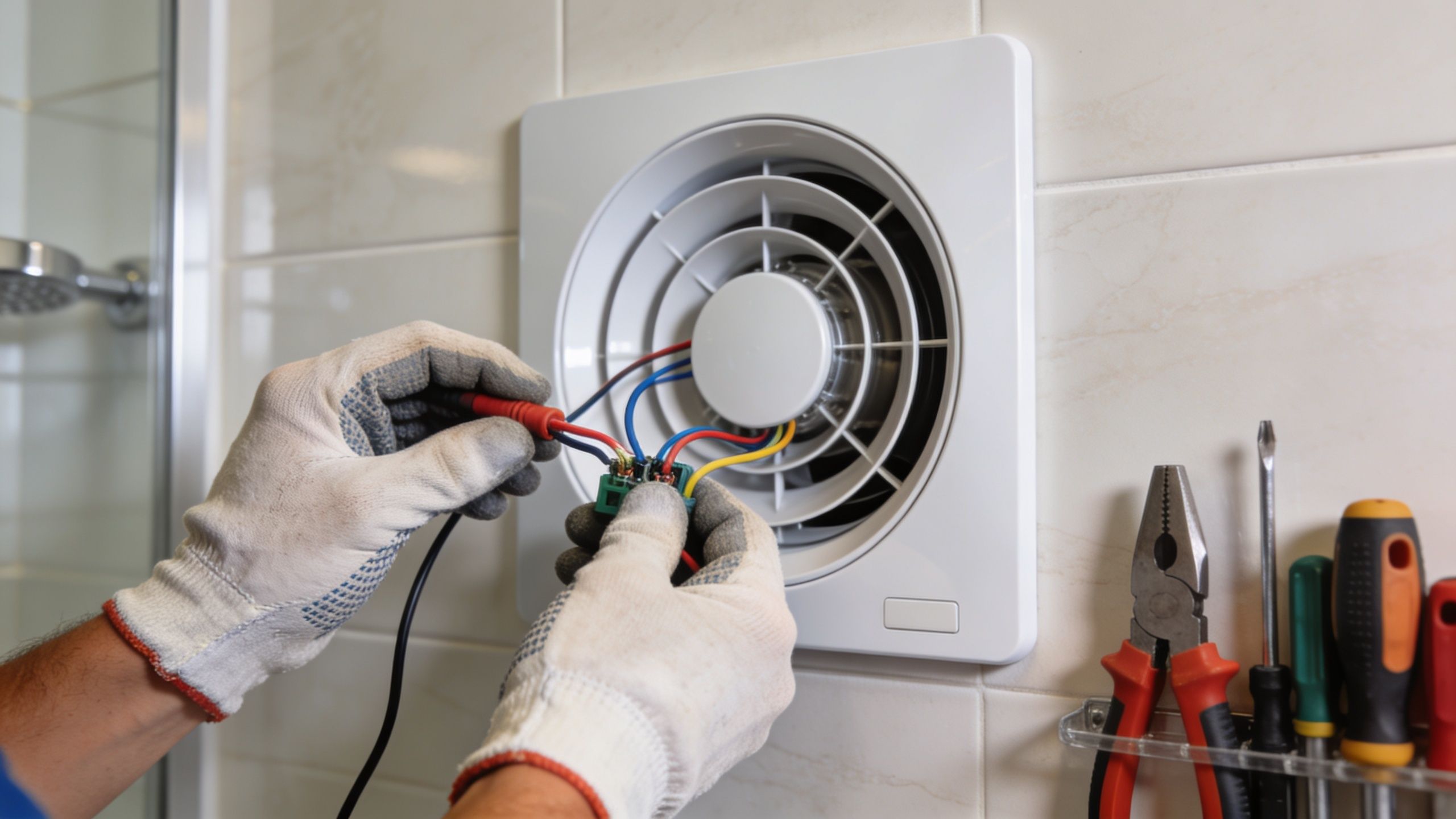 Elektriker installerer eller reparerer en fugtstyret badeværelsesventilator med værktøj og ledningsforbindelser i et badeværelse.
