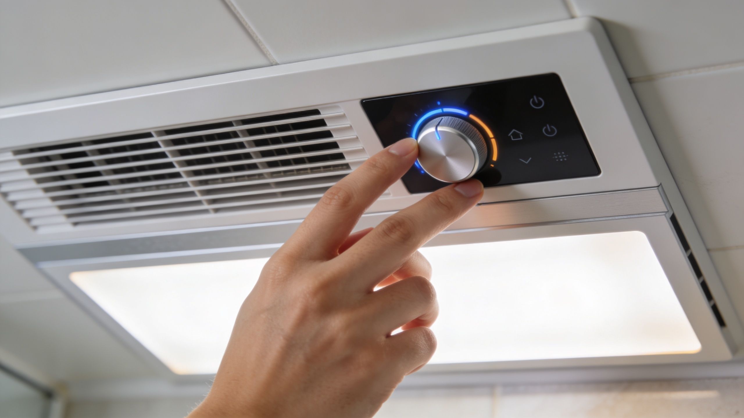 En hånd der justerer indstillingerne på en moderne hvid badeværelsesventilator med integreret lys og touch-panel.