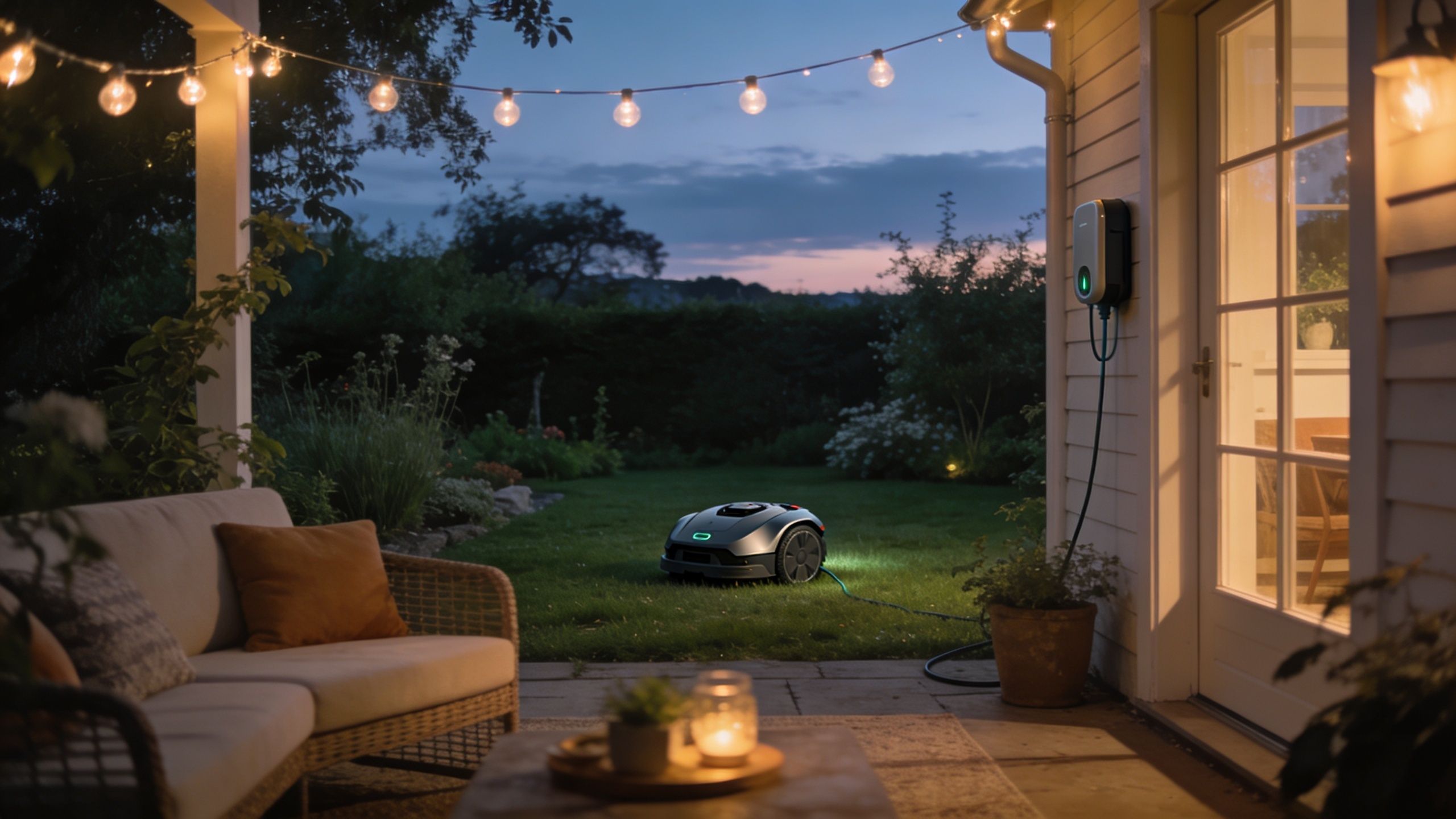 En automatisk plæneklipper på en grøn græsplæne ved en terrasse om aftenen med udendørs belysning tændt.