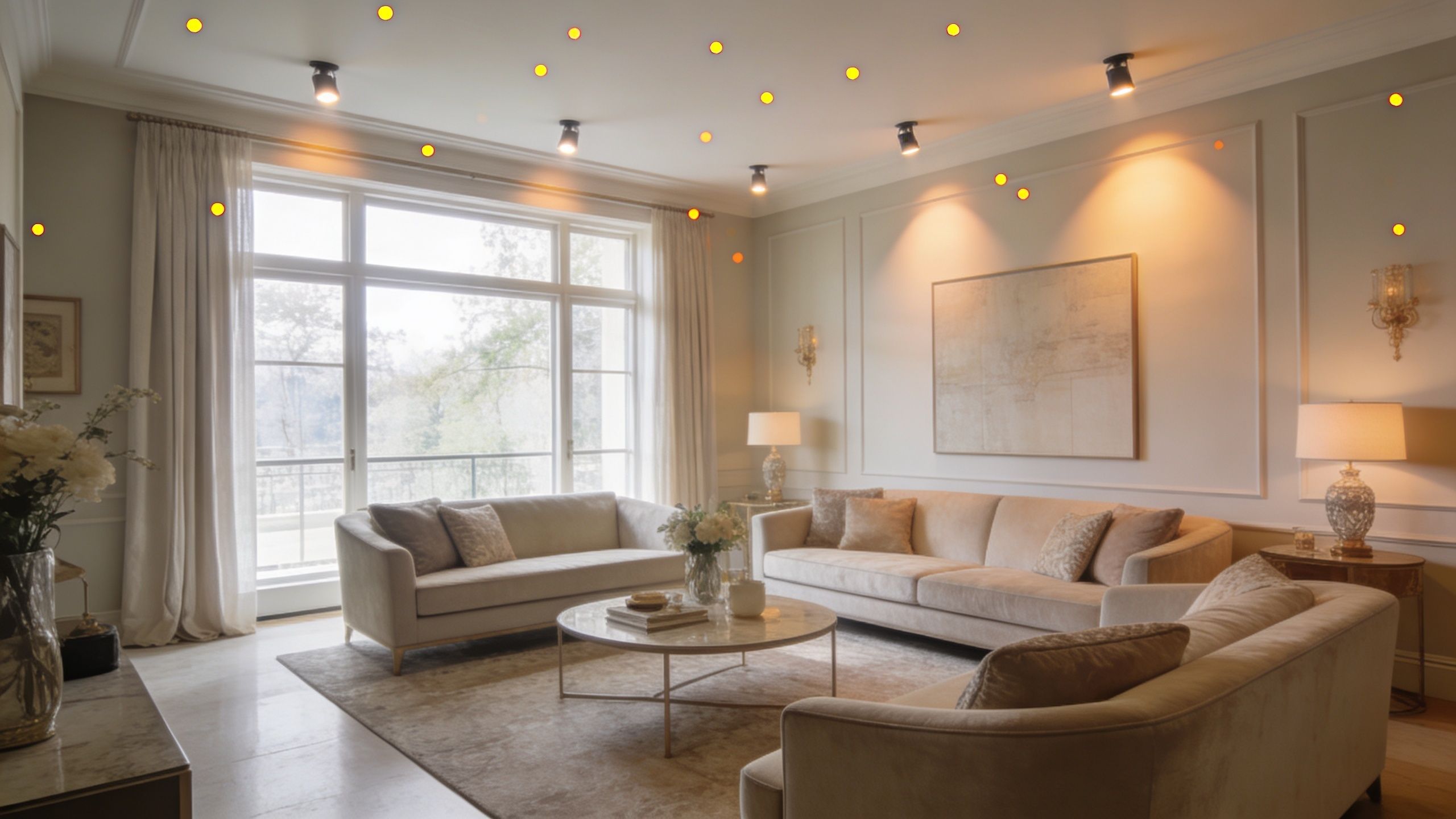 En elegant stue med stilfuld indretning og belysning, inklusive loftmonterede spotlights og to komfortable sofaer.