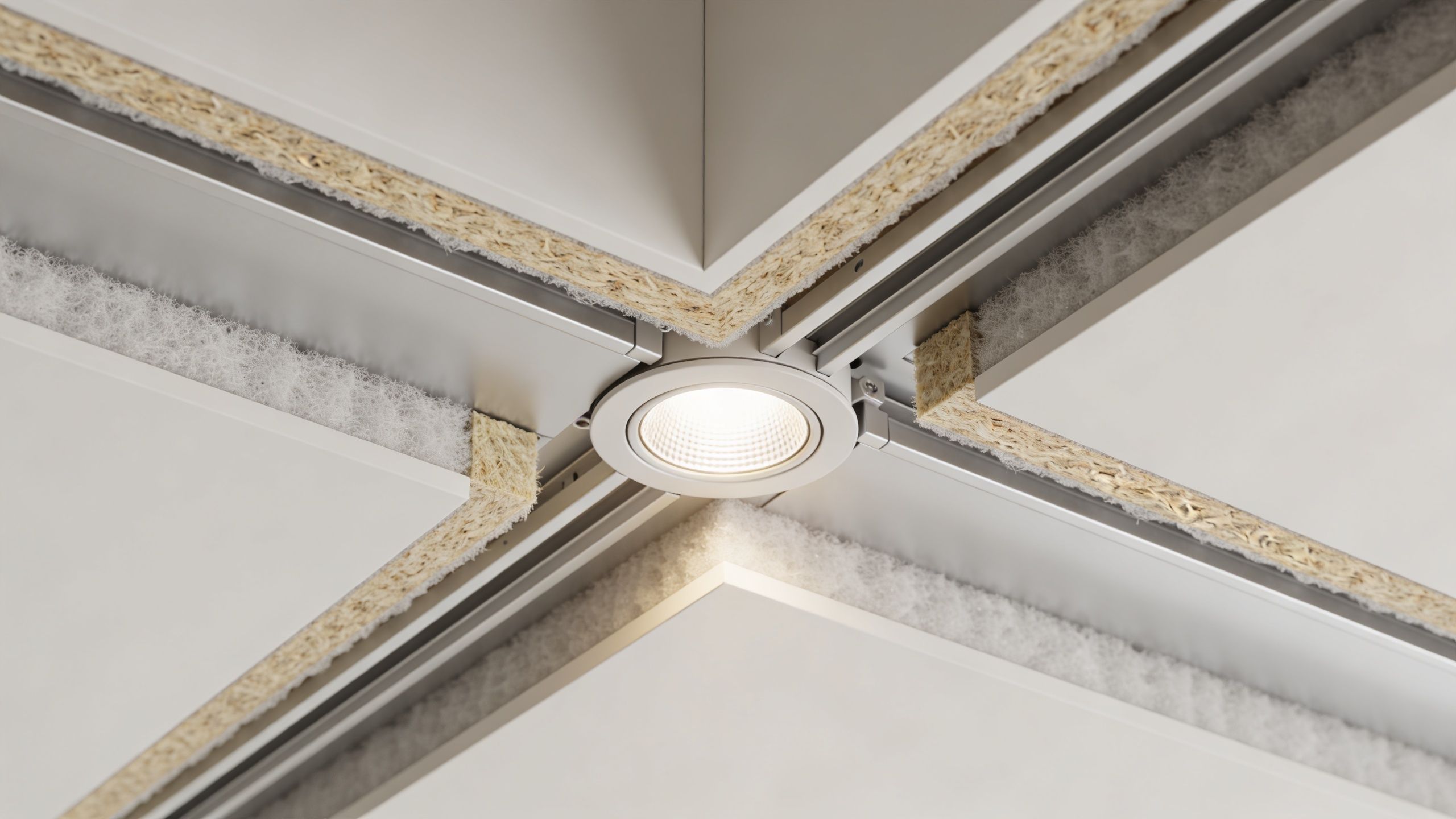 Nærbillede af et indbygget loftspot monteret i et moderne loftsystem med synlige isoleringslag og metalprofiler.