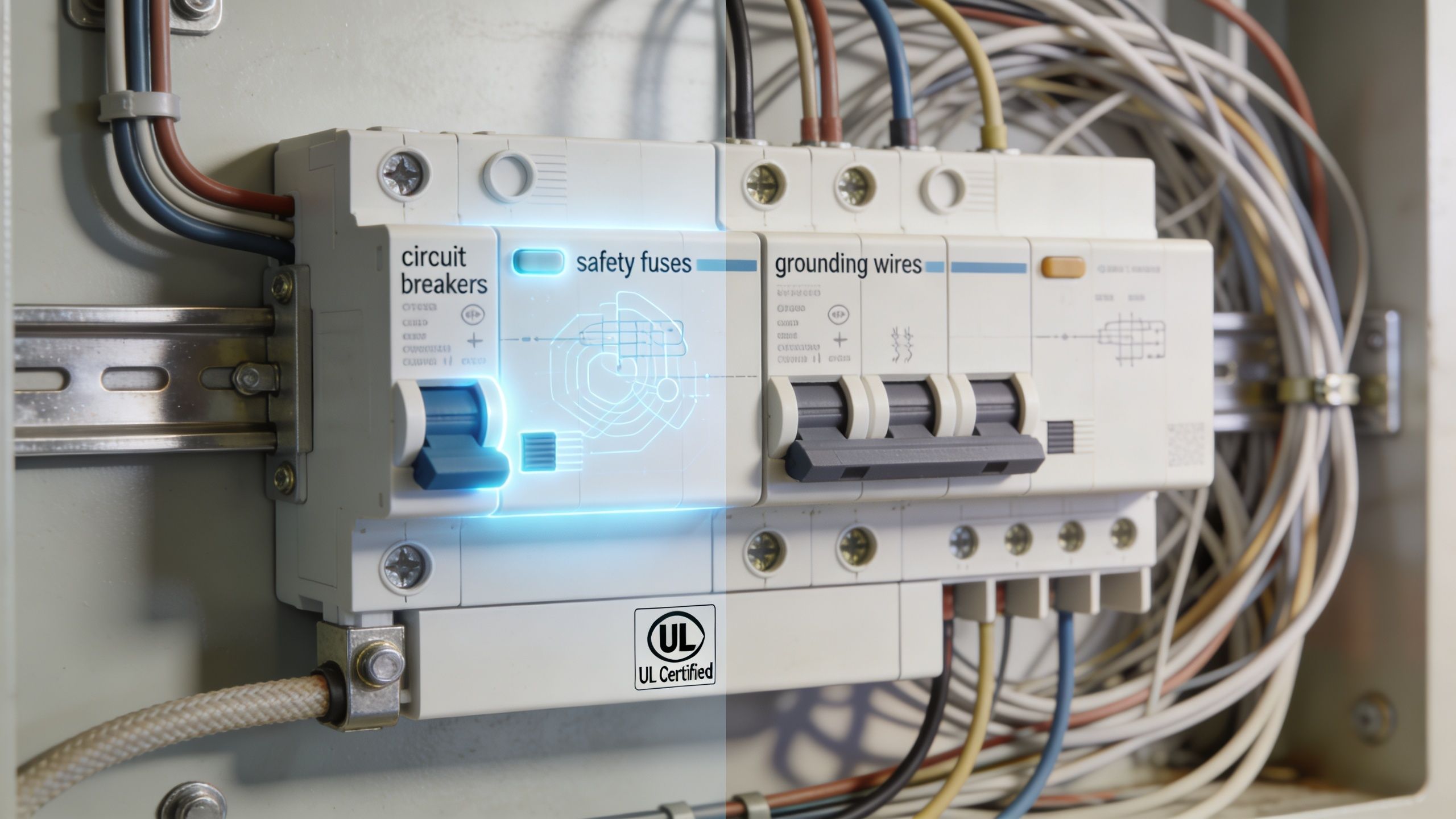 Et elektrisk sikringsskab med automatsikringer og ledninger monteret i en el-installation til elektrisk sikring af bygninger.