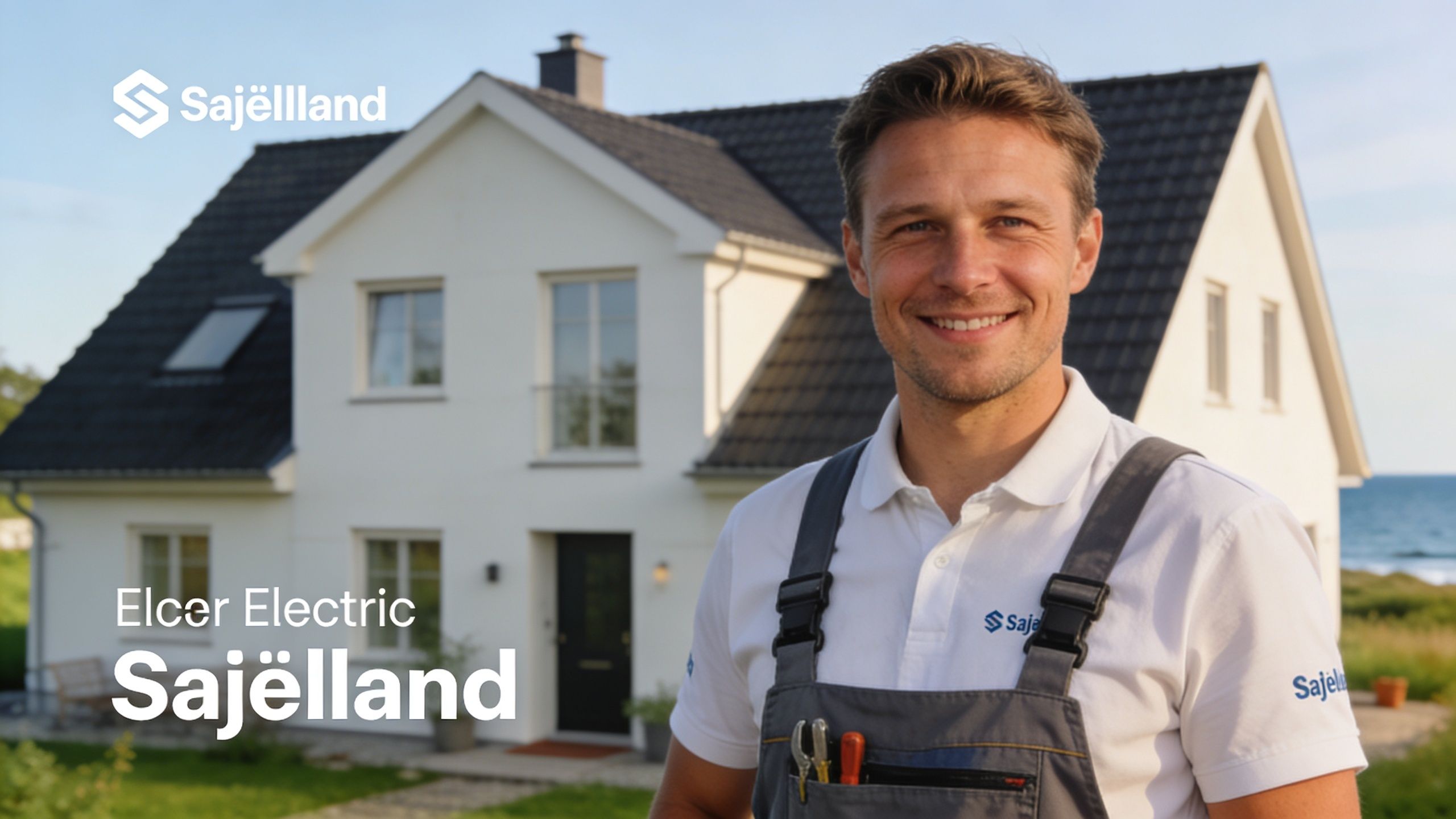 En smilende elektriker i arbejdstøj foran et moderne hvidt hus repræsenterer Sajëlland professionel el-service.