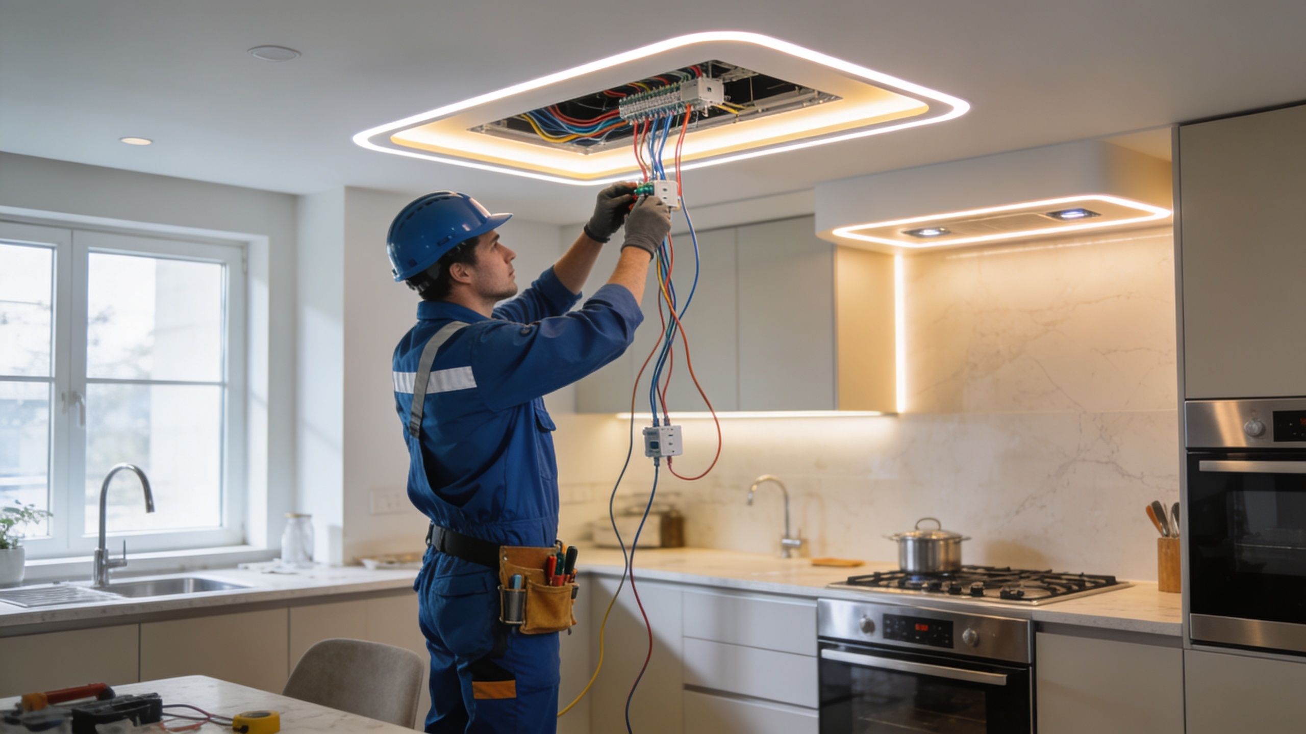 En elektriker i blåt arbejdstøj og hjelm reparerer elektriske installationer i loftet af et moderne køkken.