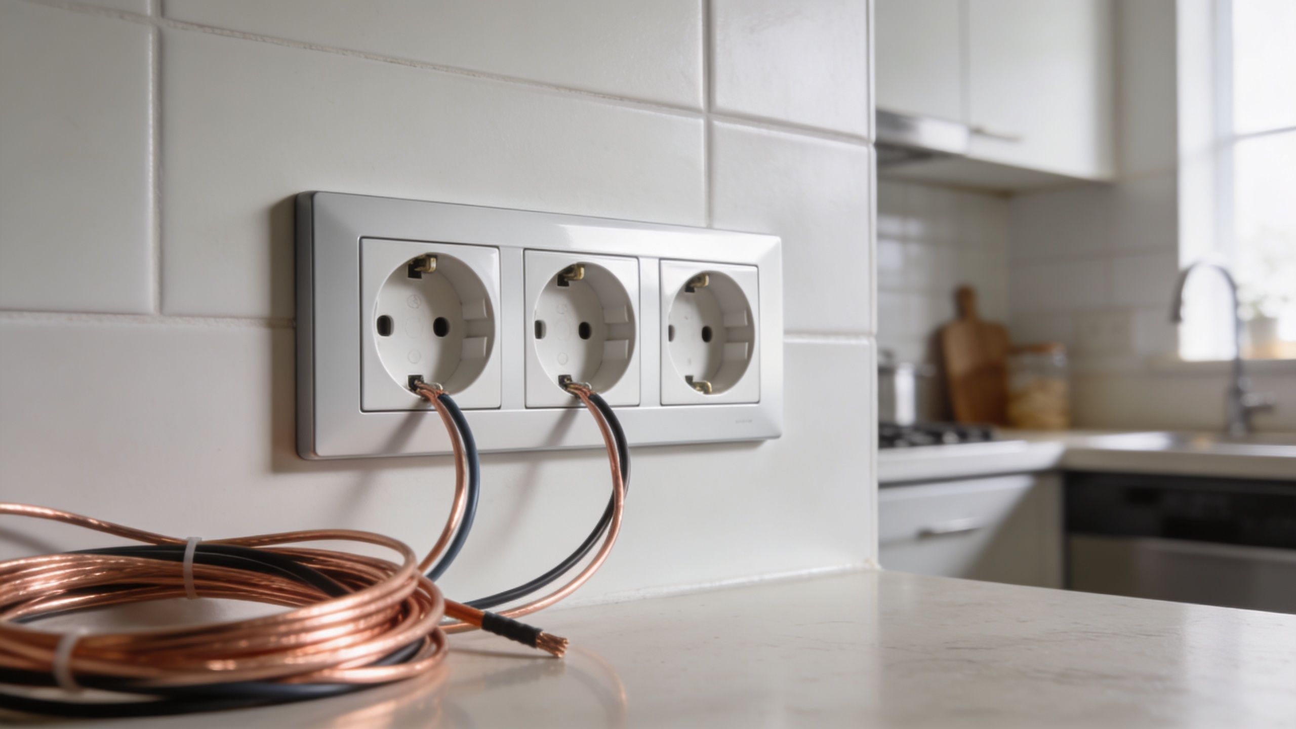 Tre hvide stikkontakter monteret på flisevæg med løse elektriske kobberledninger og kabelrulle på bordpladen.