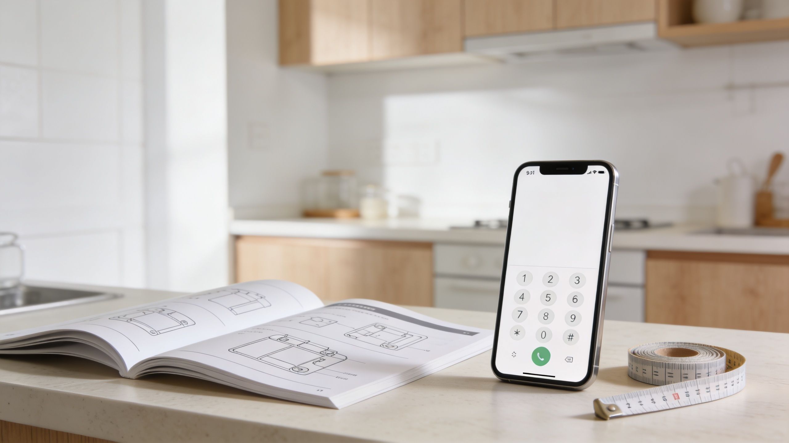 En smartphone med tastatur og en brugsanvisning til installation af emhætte placeret på køkkenbordet