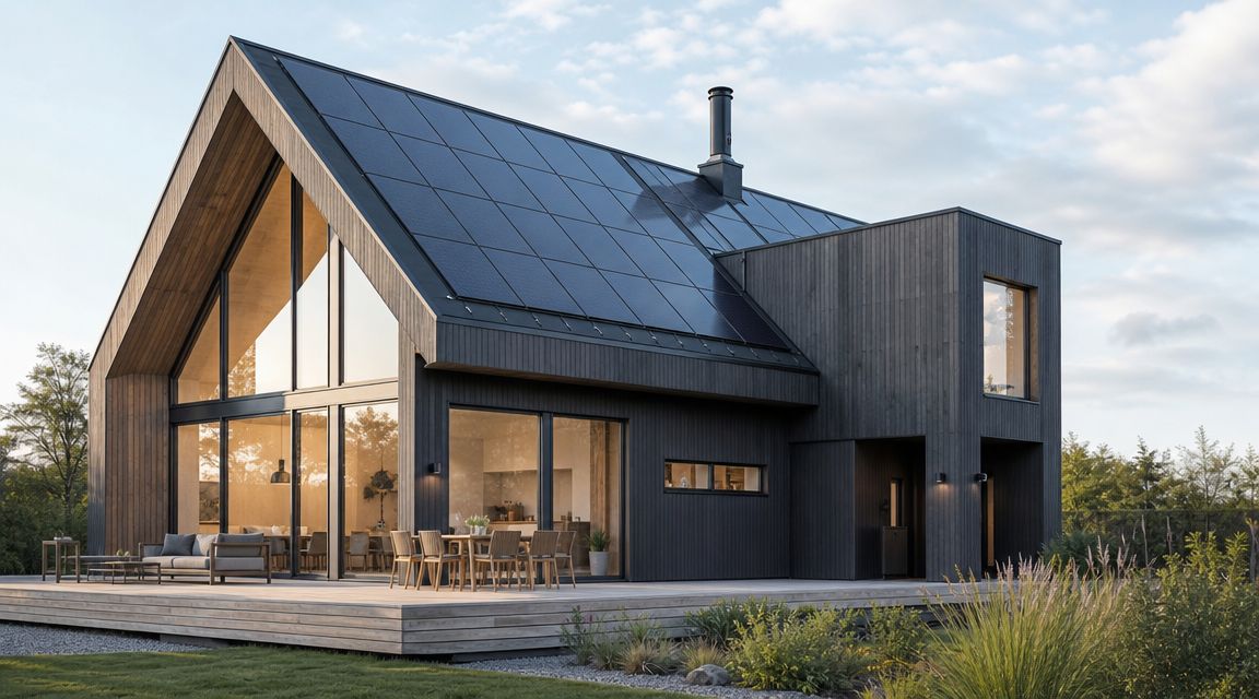Moderne mørkt træhus med integrerede solceller på taget og en stor træterrasse i et smukt landskab.