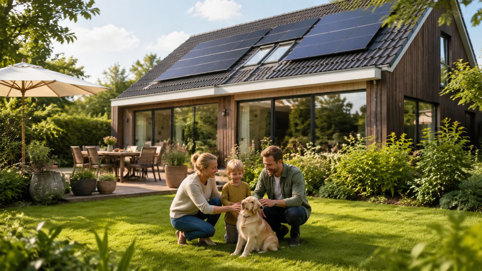 En lykkelig familie med deres hund i en have foran et moderne hus med solpaneler på taget.