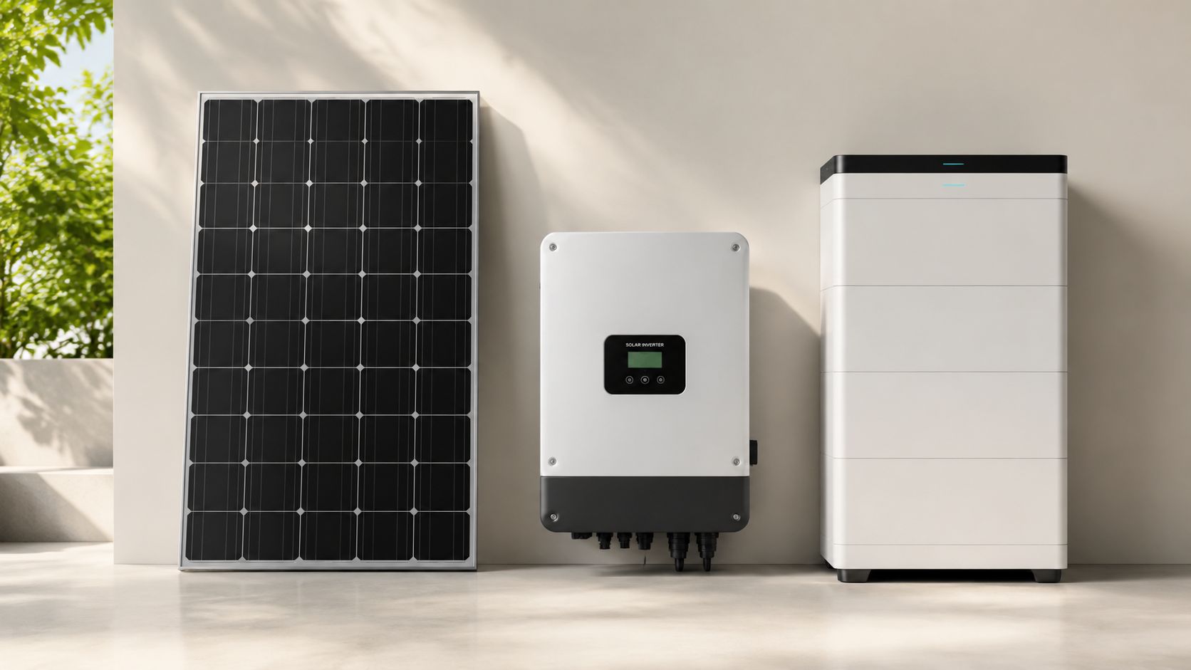 Solcelleanlæg med solpanel, inverter og batteri opstillet mod en lys væg i et moderne hjem.