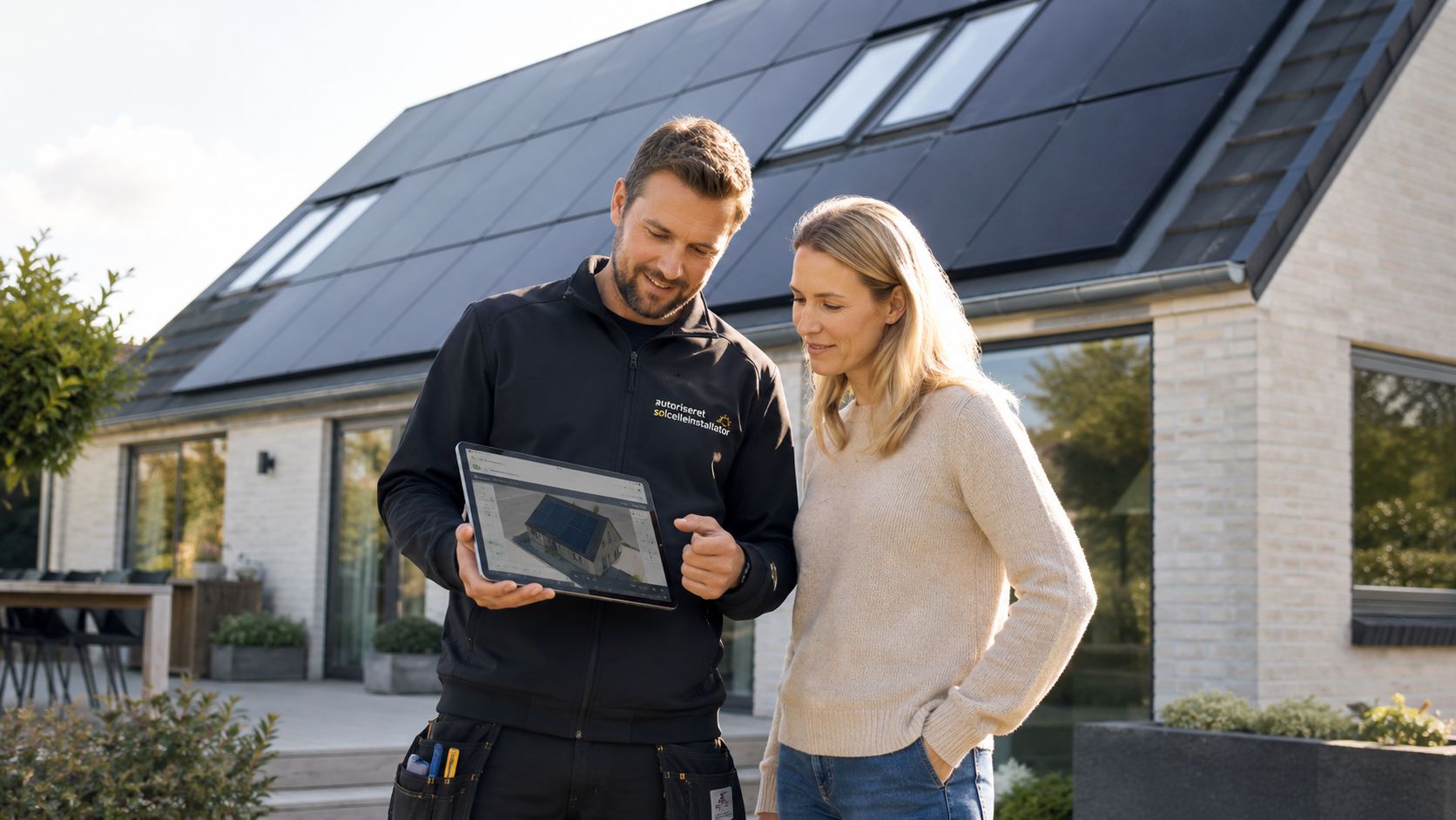 En autoriseret solcelleinstallatør viser en kunde en 3D-model af solcellepaneler på en tablet foran deres hus.