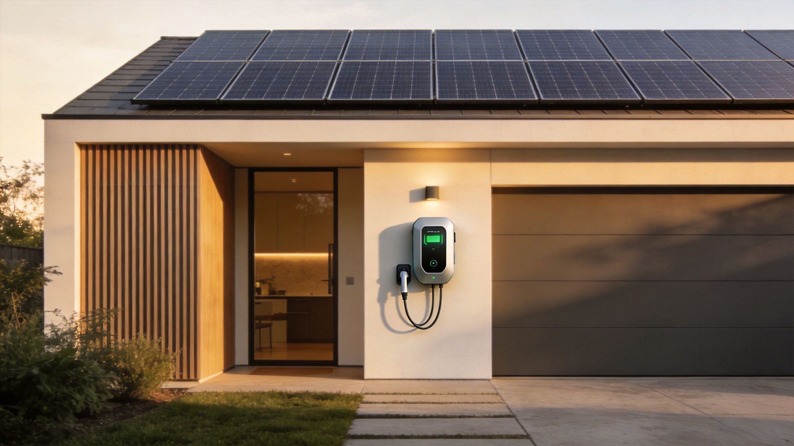Moderne hus med solpaneler på taget og en elektrisk oplader installeret på ydervæggen ved garagen.