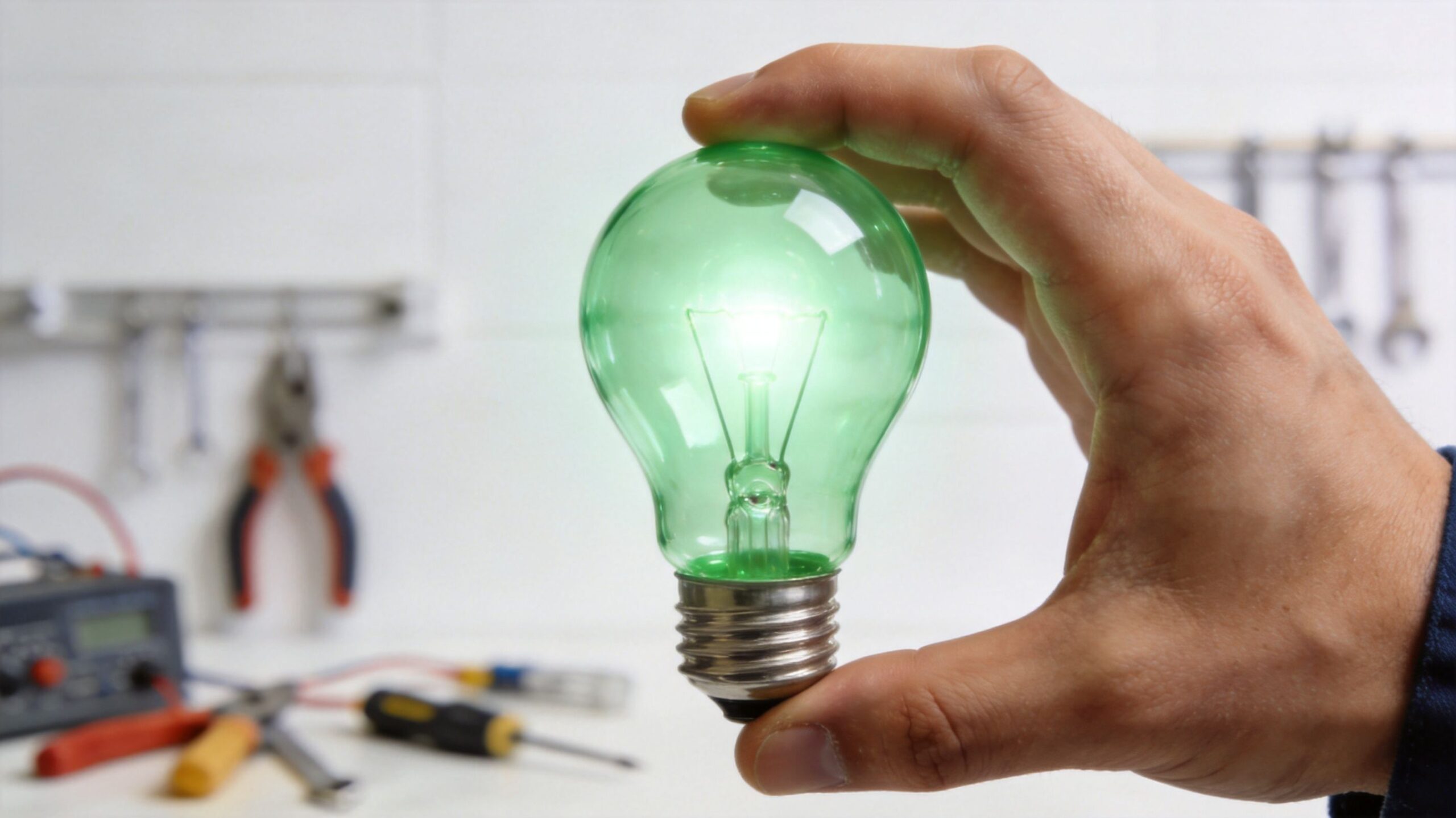 En hånd holder en lysende grøn pære som symbol på bæredygtige løsninger inden for elektrikerfaget i Danmark.