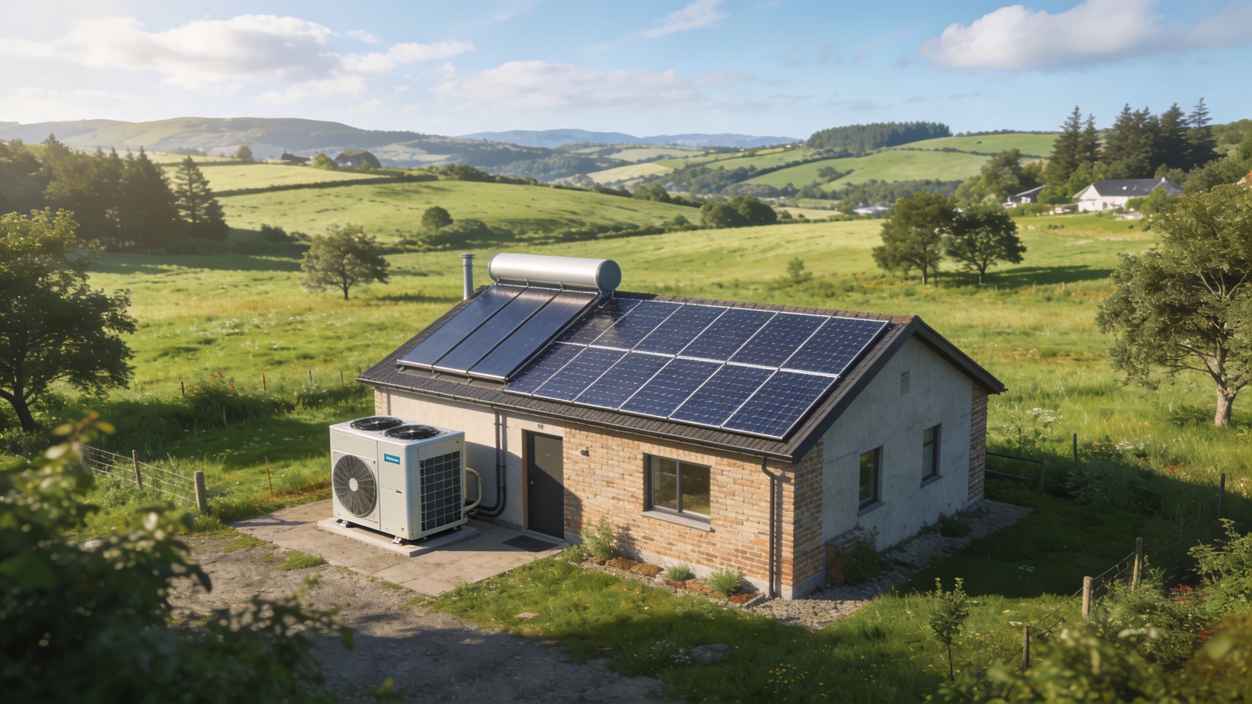 Et miljøvenligt hus på landet med solpaneler, solvarmeanlæg og en moderne varmepumpe installeret udenfor bygningen.