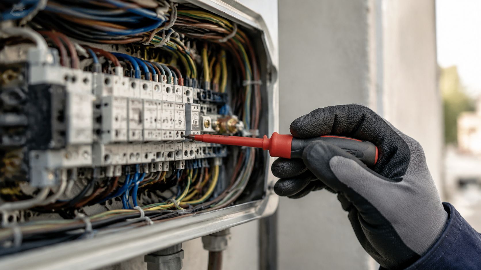 En autoriseret elektriker arbejder med en skruetrækker på en kompleks elektrisk tavle med mange ledninger.