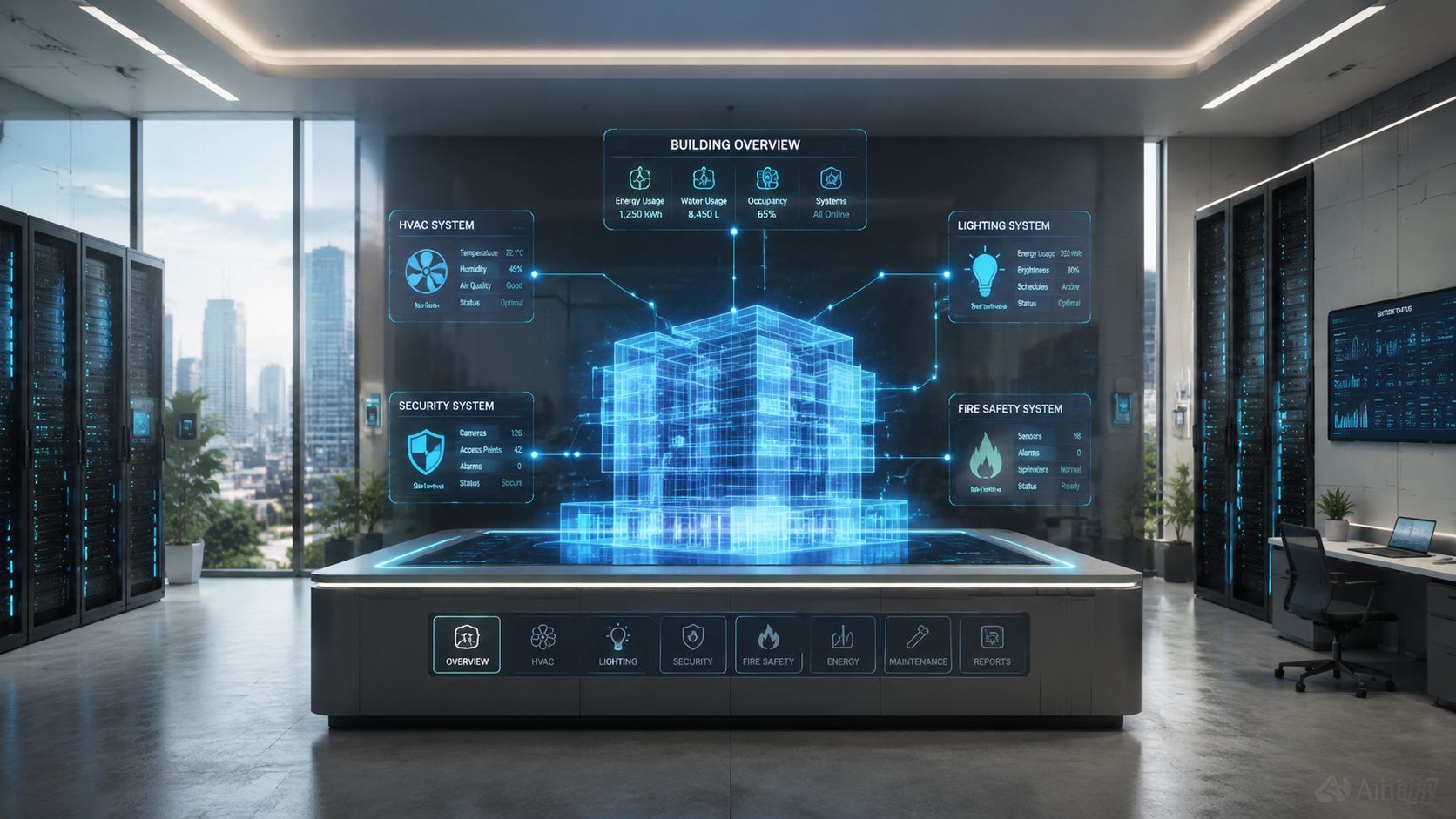 Et avanceret digitalt kontrolpanel viser realtidsdata og 3D-visualisering af et smart bygningsadministrationssystem i et moderne kontormiljø.