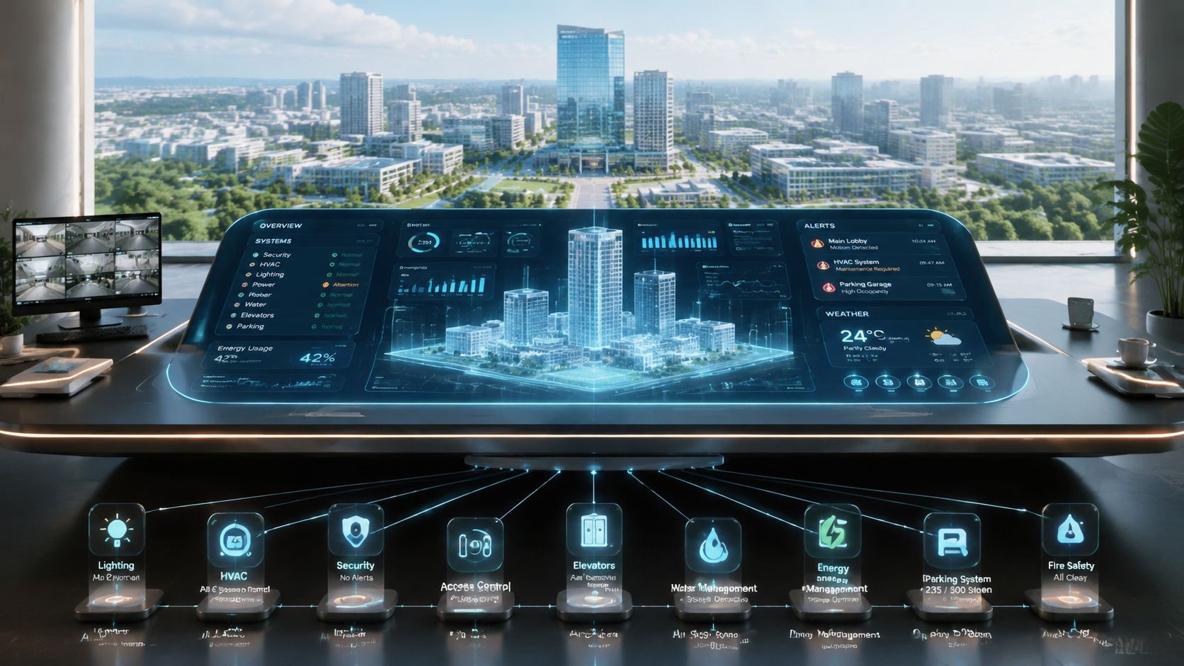 Et avanceret digitalt kontrolpanel til styring af smarte bygningssystemer med en flot panoramaudsigt over en moderne by.