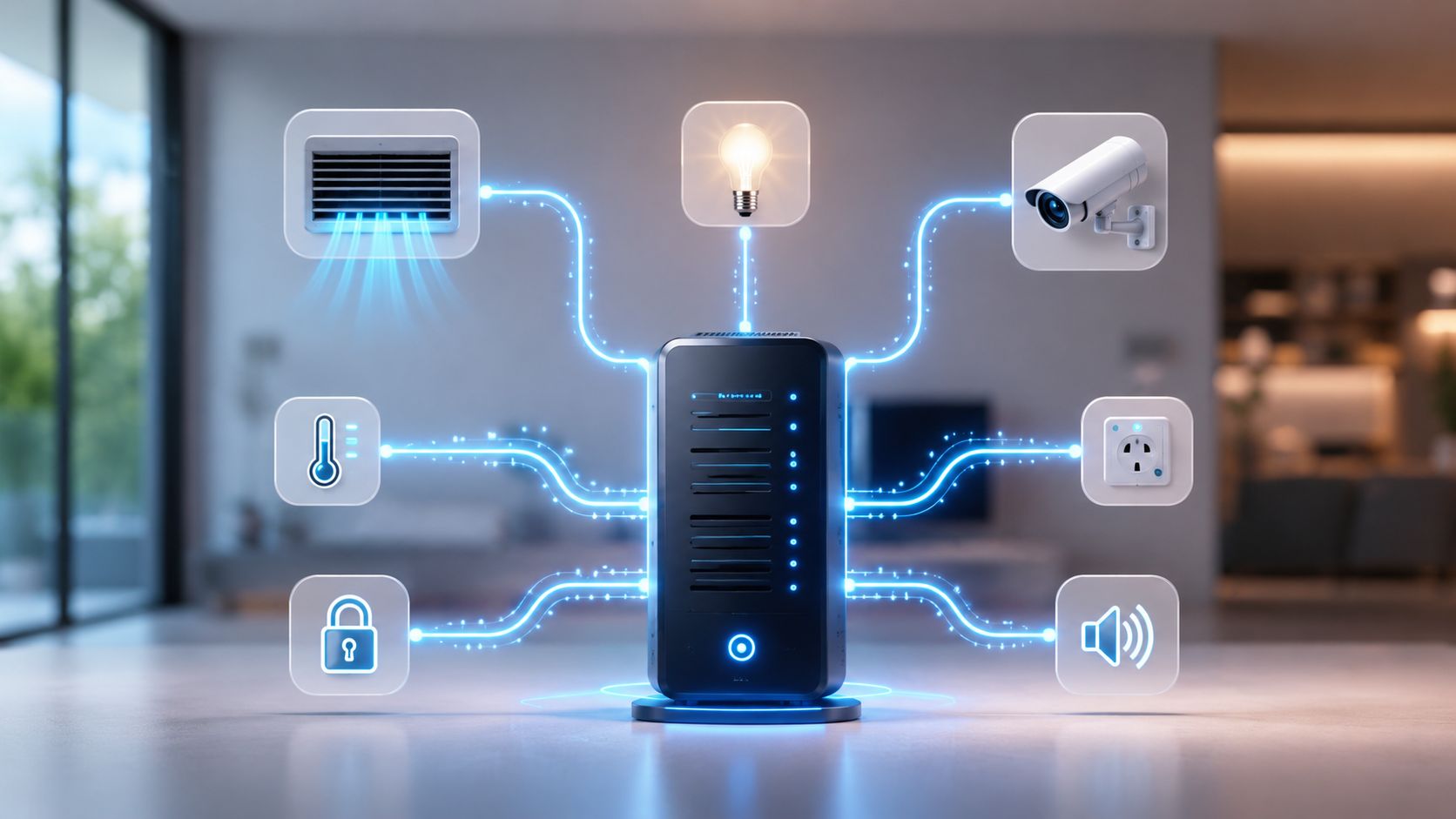 En moderne smart home server forbundet til forskellige enheder som belysning, kameraer og temperaturkontrol via lysende linjer.