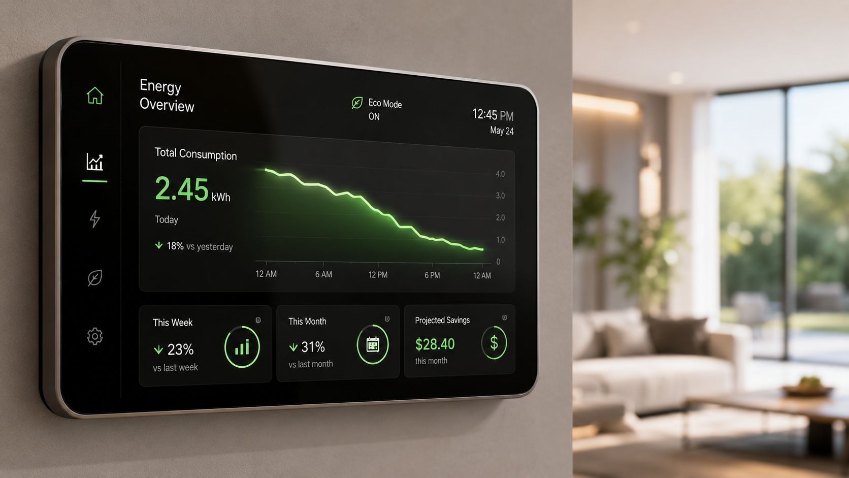 Et digitalt vægpanel i et moderne hjem, der viser energiforbrug og data i et smart styringssystem.