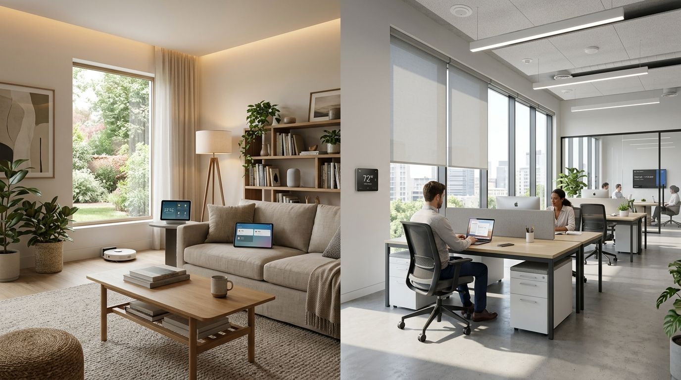 En sammenligning af et moderne hjem med smart home-teknologi og et professionelt kontormiljø med digital styring.