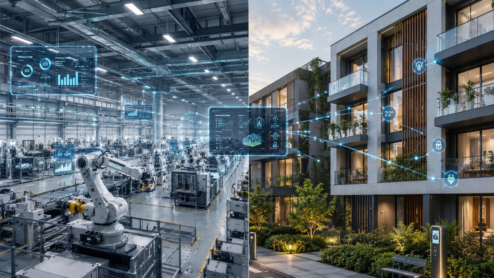 En sammenligning af industriel automatisering i en fabrik og intelligente styringssystemer i en moderne boligejendom.