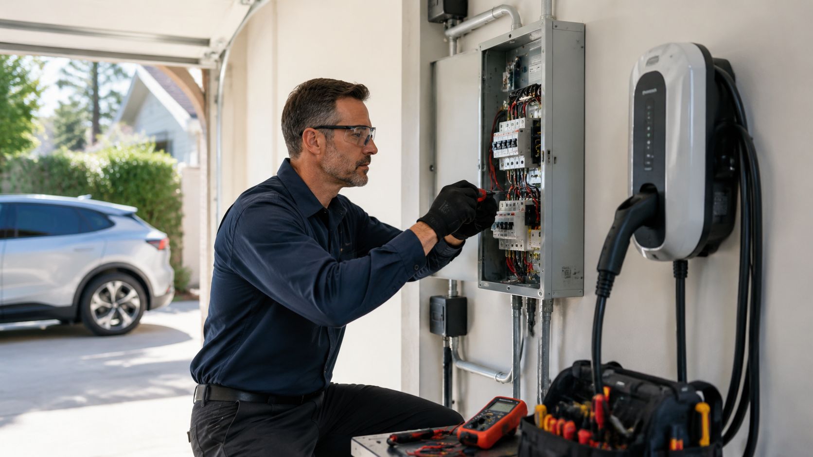 En elektriker installerer en ladestander til elbil i en garage med professionelt værktøj og måleudstyr.
