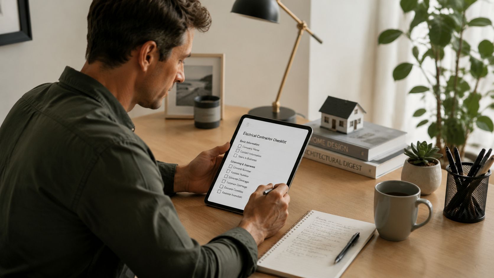 En mand sidder ved et skrivebord og gennemgår en tjekliste for el-installatører på sin tablet.