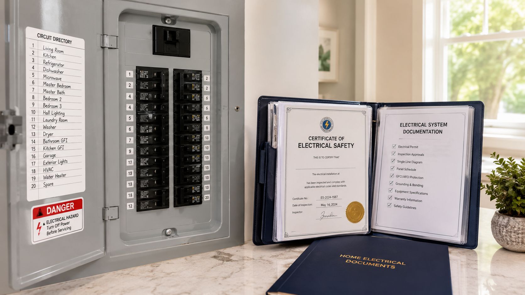 Et elektrisk sikringsskab med en mappe indeholdende certifikater for elektrisk sikkerhed og dokumentation til boligbrug.