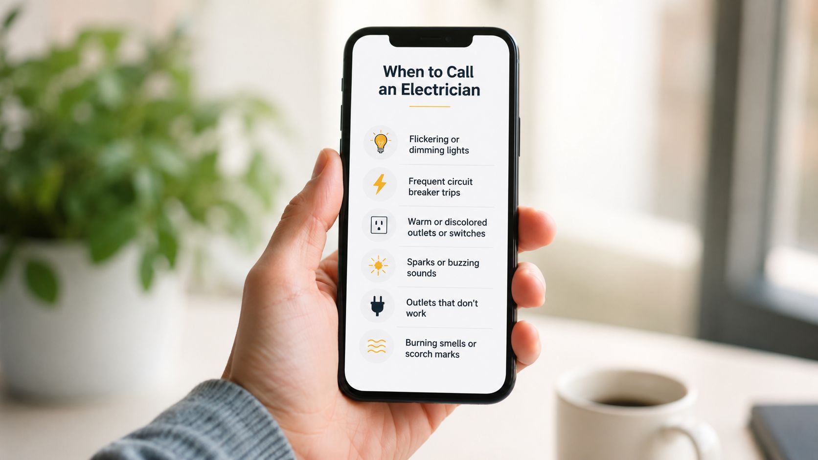 En person holder en smartphone, der viser en liste over tegn, der indikerer behov for en elektriker.