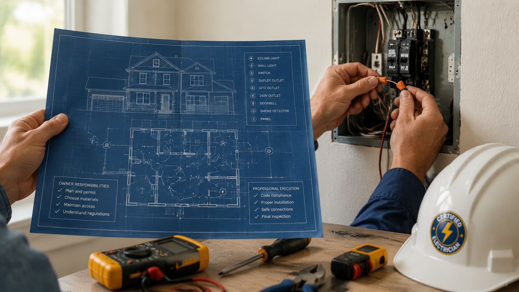 Elektriker der holder en plantegning over et hus, mens han arbejder med ledninger i en el-tavle.
